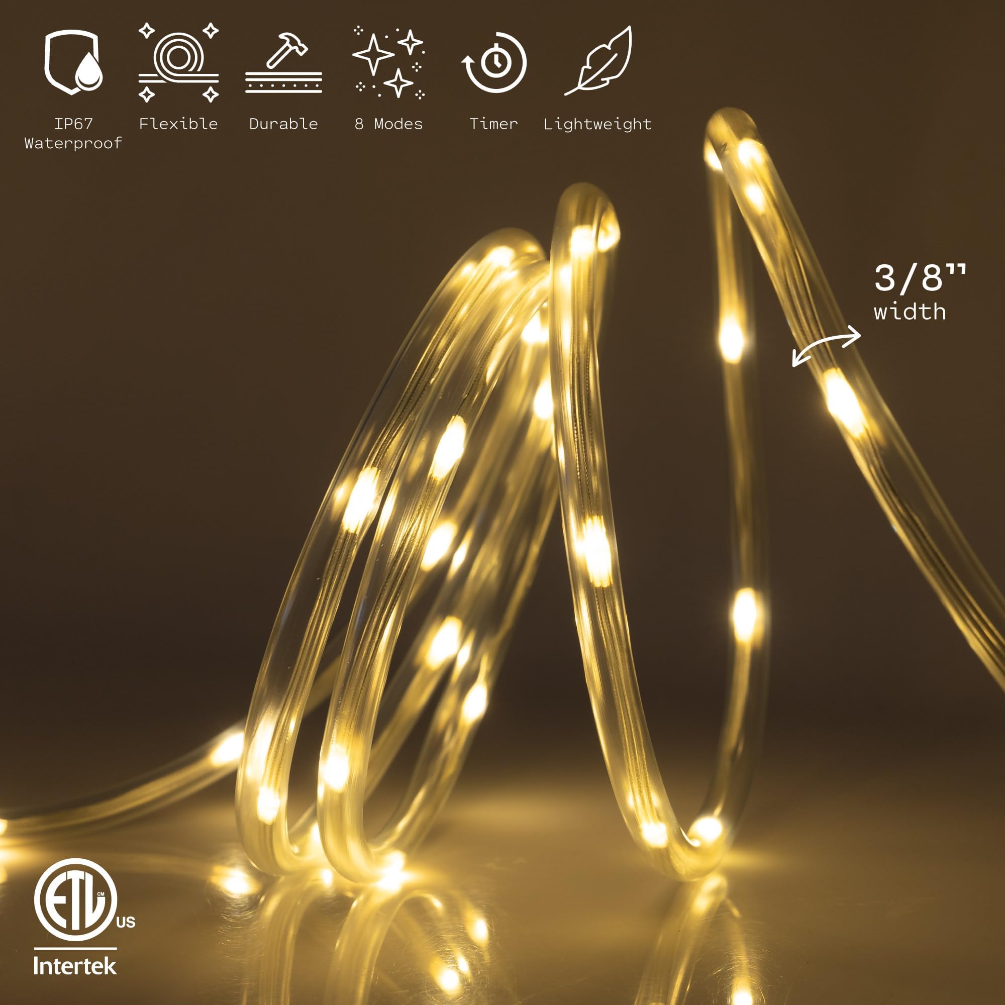 WYZworks 10ft Warm White LED Rope Light - 8 Modes, Waterproof Outdoor Accent Lighting with Remote, Flexible Clear Tube, ETL Certified, Garden, Patio, Backyard, Holiday Christmas, Tree, Ambient Decor