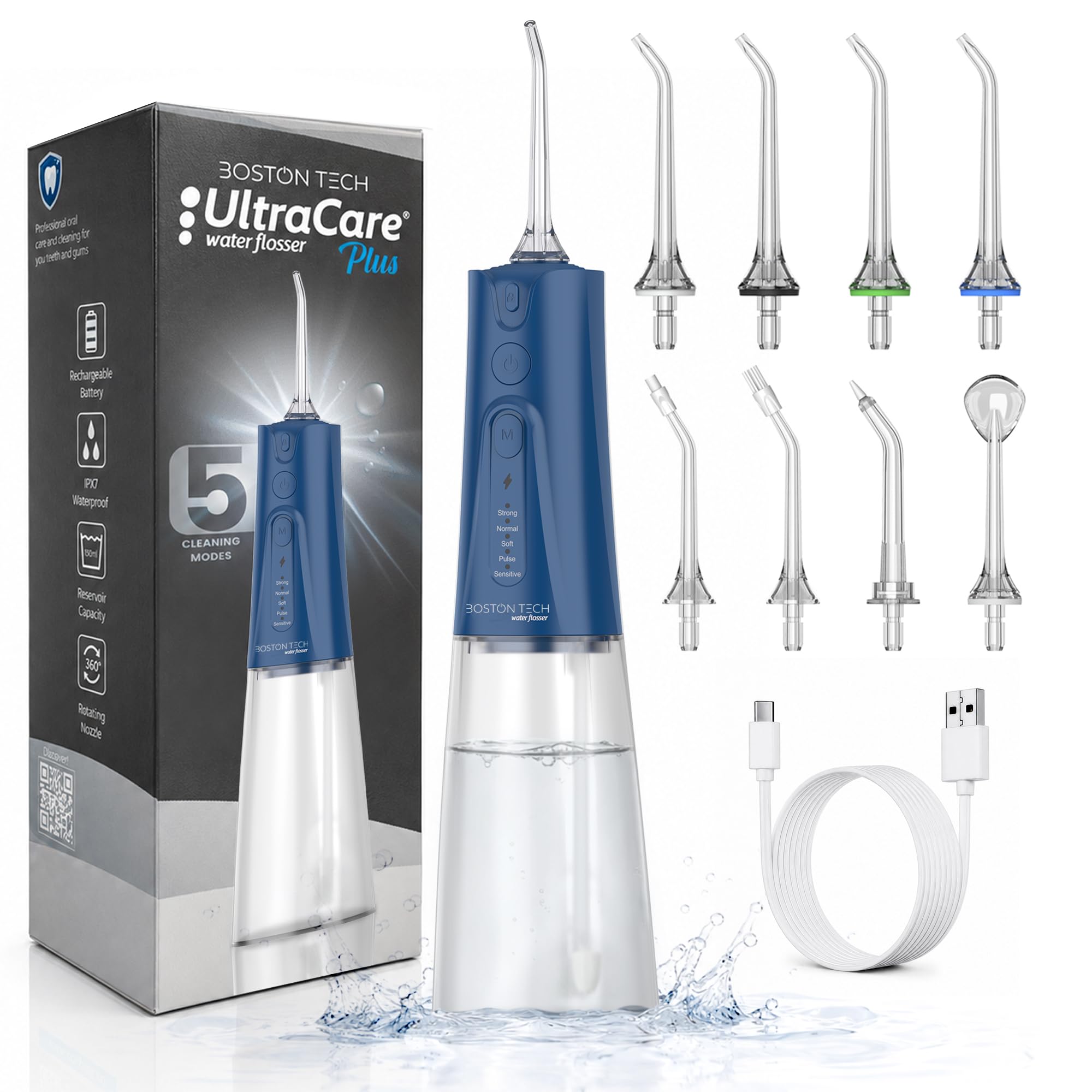 Aquapik UltraCare Plus Portable Dental Irrigator, Cordless Oral Irrigator with 8 Nozzles, 5 Modes, 300 ml Reservoir, USB-C, IPX7, for Sensitive Gums, Orthodontics, Implants and Dental Plaque