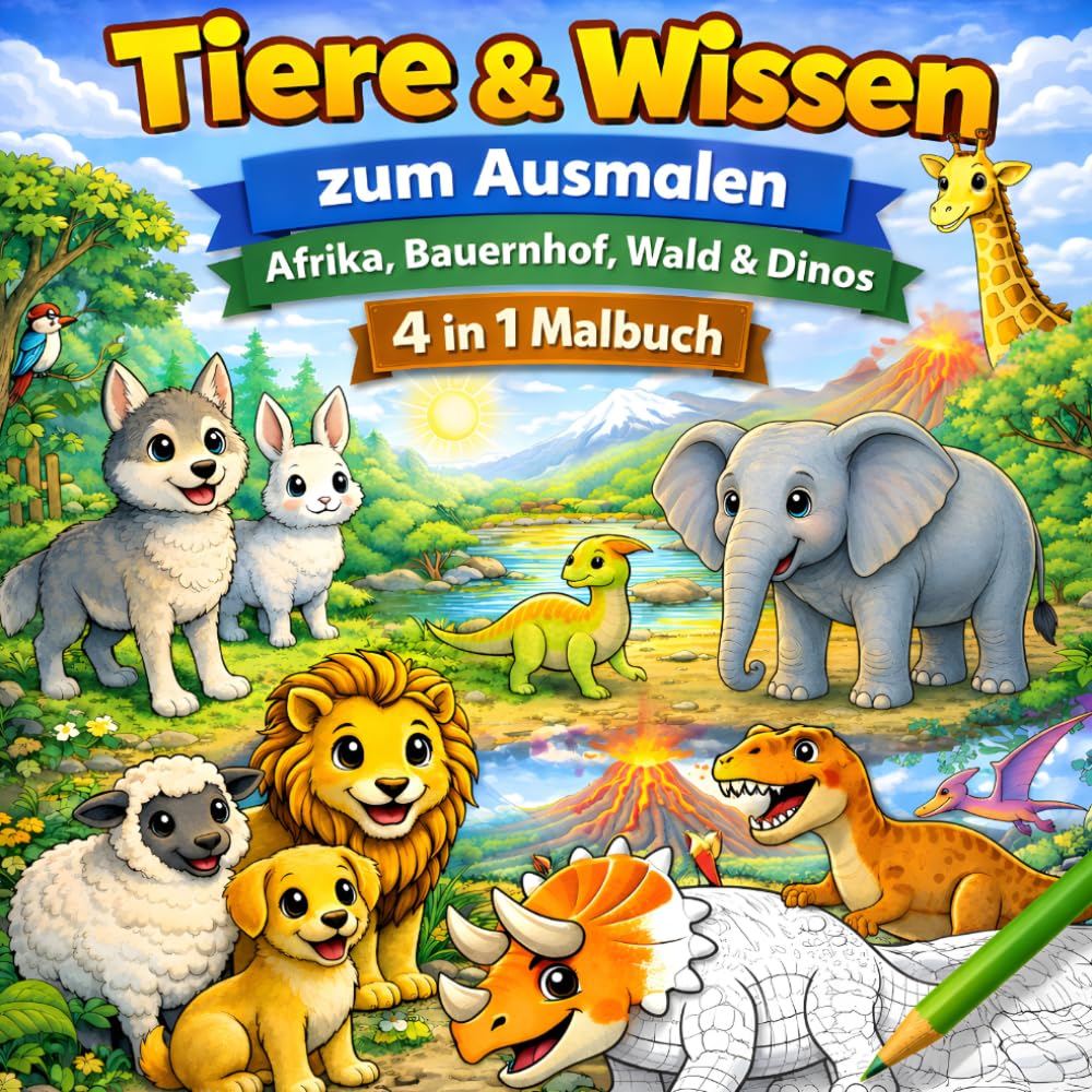 Tiere & Wissen zum Ausmalen - 4 in 1 Kombiband (über 125 Tiere): Ein liebevoll gestaltetes Malbuch, das Wissen vermittelt.