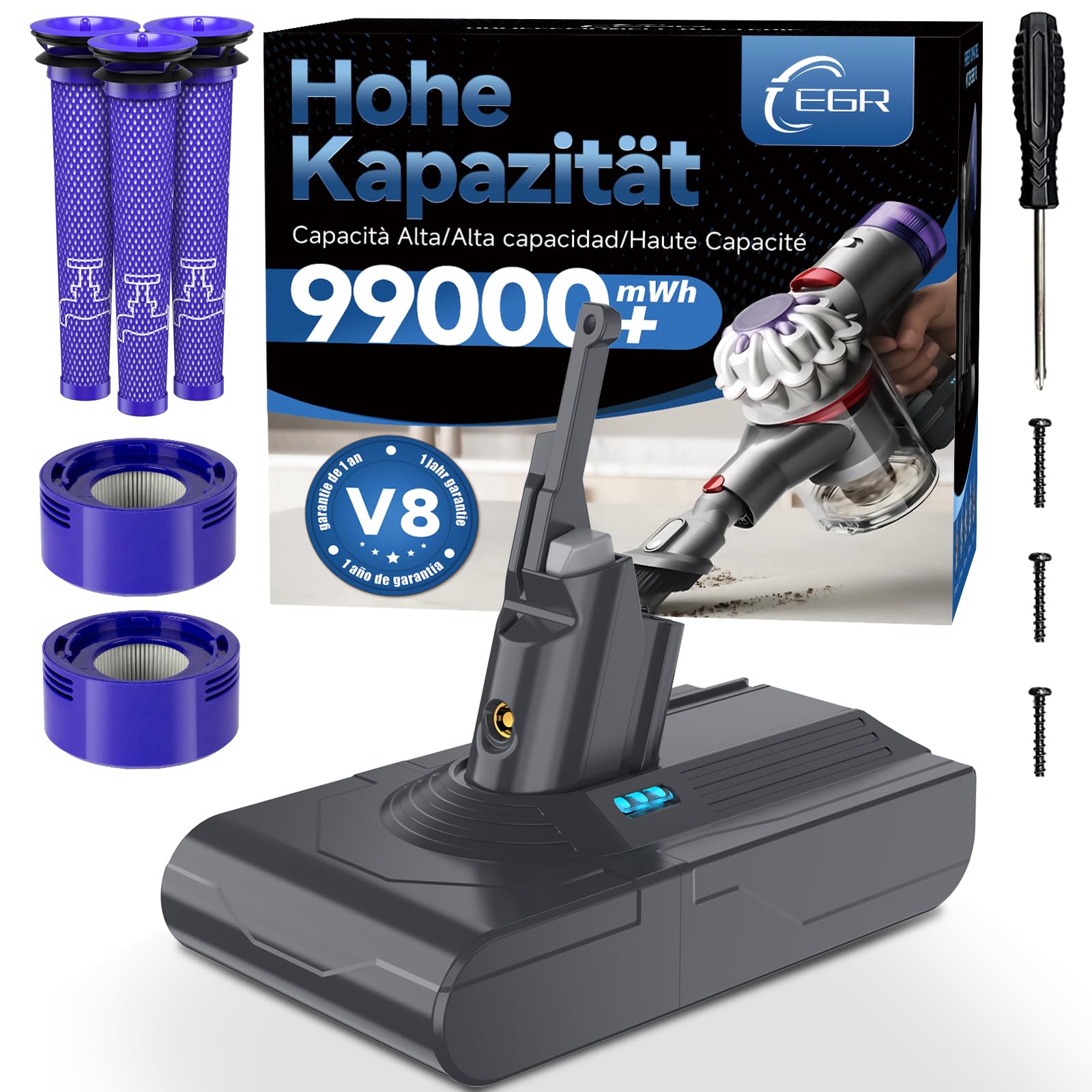 EGR Améliorée V8 Batterie Compatible pour Dyson V8 Absolute/Animal/Motorhead/Fluffy SV10 Carbon Fiber Aspirateur Batterie avec 5 Filtres et 3 Vis - 2