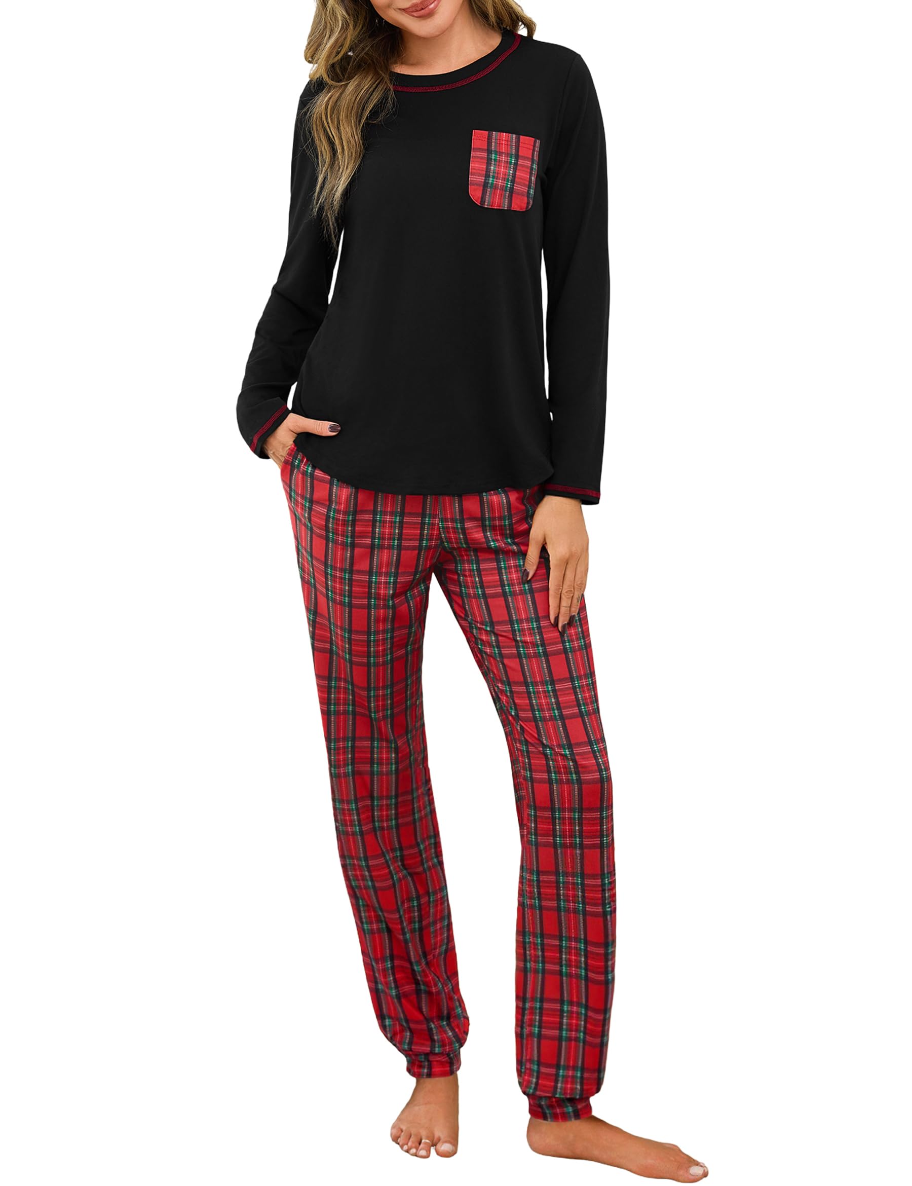 Demegimi Women's Pyjama Sets Cotton Long Sleeve Ladies Pajamas Checked Loungewear Sleepwea...