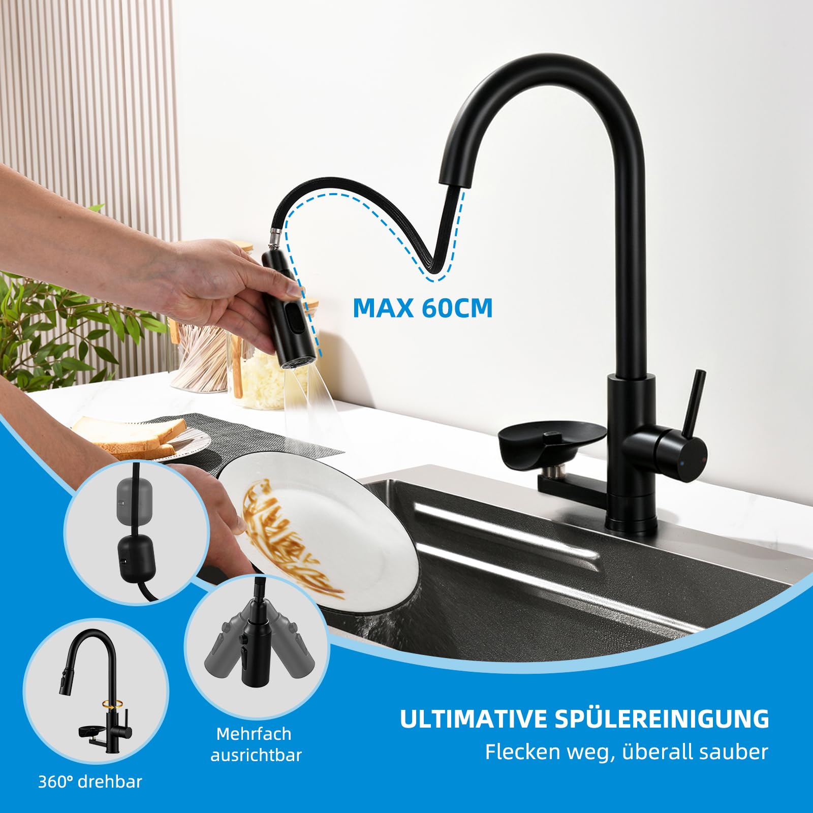 Küchenarmatur Wasserhahn Küche Glasspüler, Ausziehbar Dual-Auslauf Schwarz | Mischbatterie Küche Mynaiad mit Glasspüler Ausziehbar Armatur,360°-Drehung, Dual-Auslauf 304 Edelstahl gebürstet für Küche