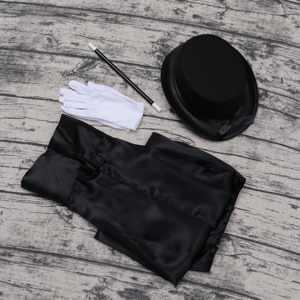 Miniatura 6 de ABOOFAN Disfraz de mago para niños, 6 piezas con capa, sombrero, guantes, varita de corbata para fiesta de Halloween, juego de rol, disfraz de
