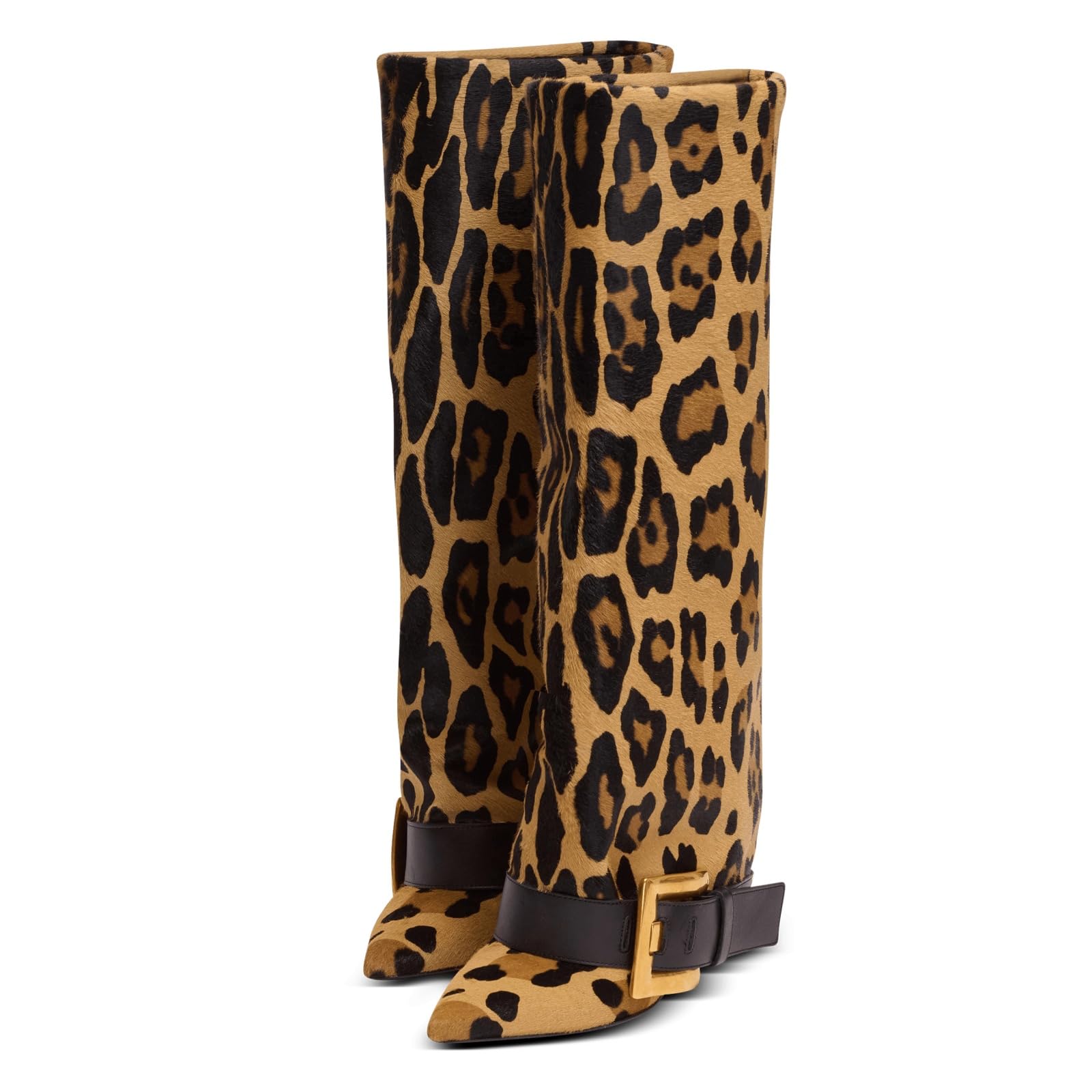 Goolita Buckle Fold Over Boots For Women Sexy Stiletto Heels Pointed Toe Knee High Boots Fashion Comfortable Slip