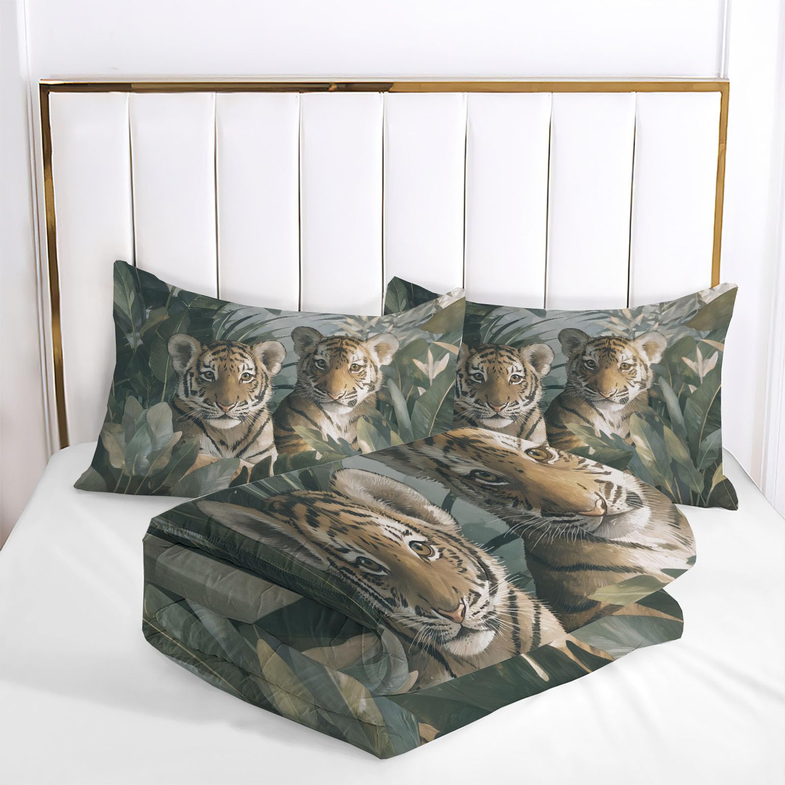 Trapunta Letto Singolo 4 Stagioni Piumone per Bambini, Semplicità Tigre Leggero Astratto Foglia Di Banana Set di Biancheria da Letto 140x200cm con 1 Federe,Piumino Lavabile In Lavatrice
