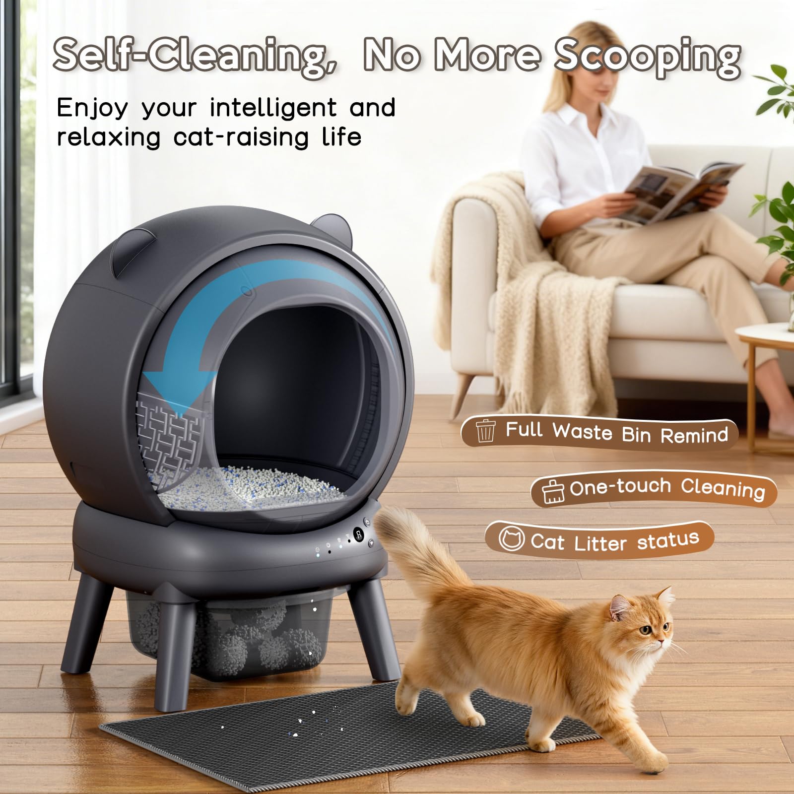 Automatic Litter Box for Multiple Cats, Large Capacity Self Cleaning Litter Box with App Control, Noise & Odor Control, Dual Safety Sensors, Easy Maintenance with 2 Roll Garbage Bags, Gray - image 2