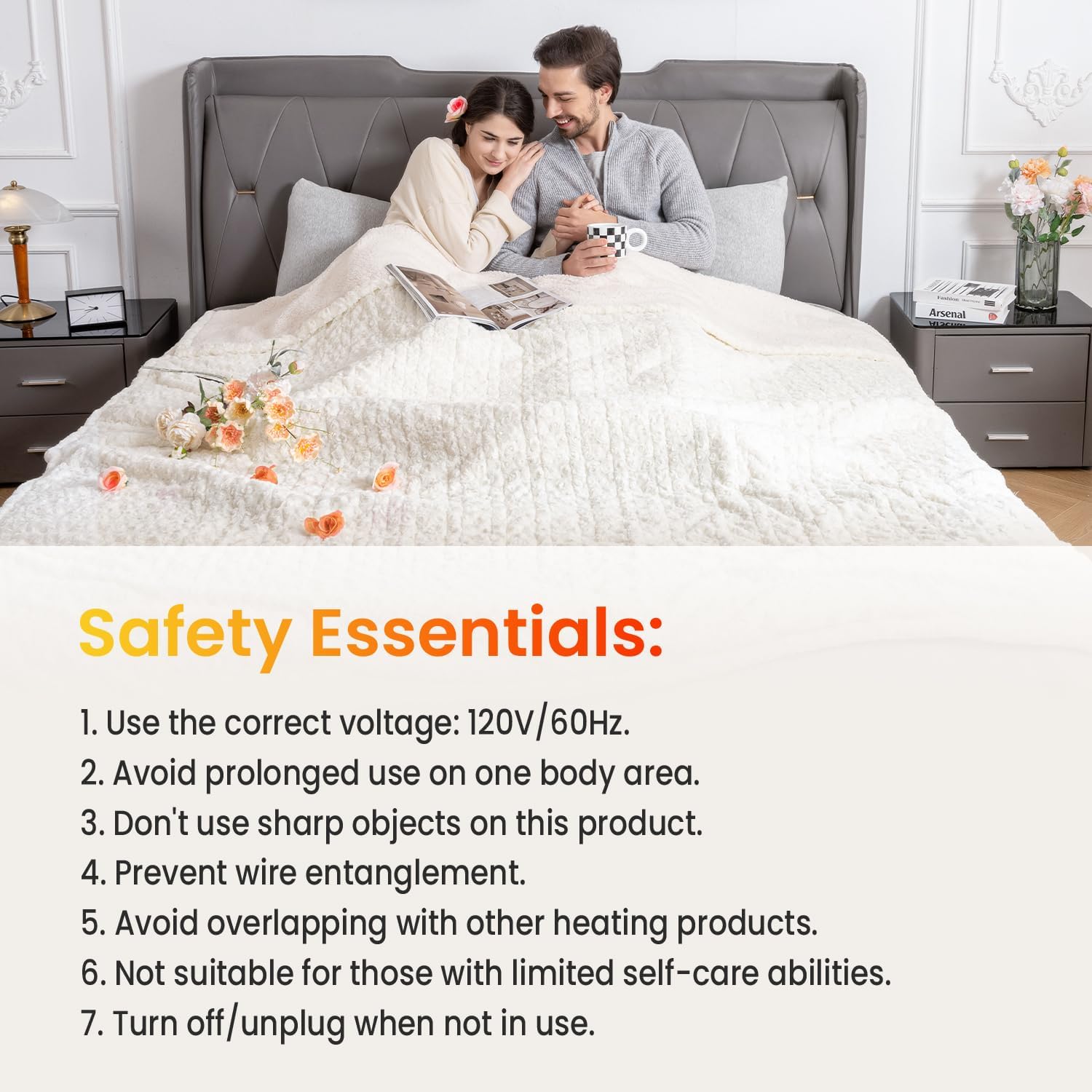 WOOMER Heated Blanket King Size 100" x 90", Electric Blanket with Dual Controls, 0.5-12 Hours Timer & 10 Heating Levels, ETL Certified, White Rose Patterns Faux Fur & Sherpa, Machine Washable - Image 6