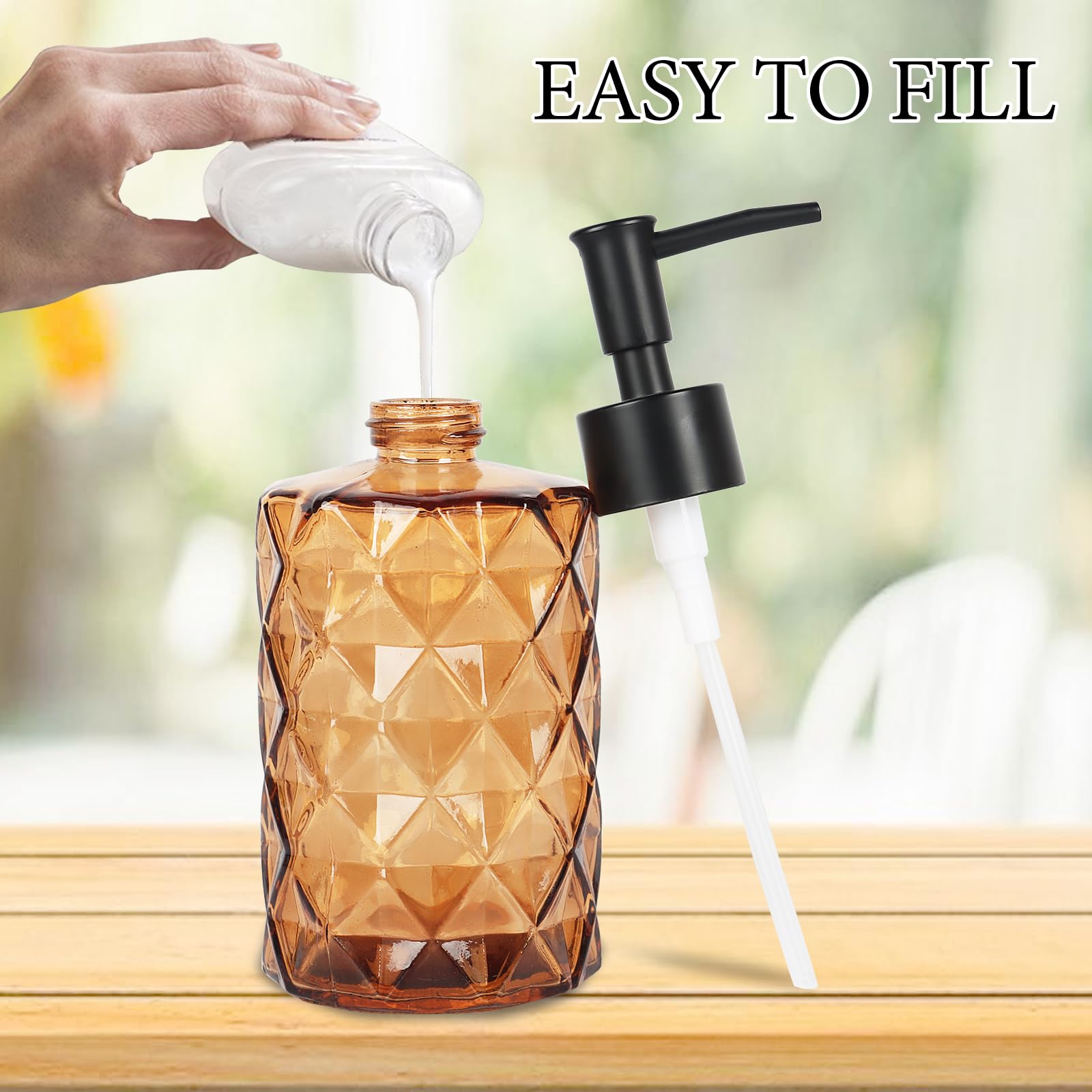Dispenser di sapone in vetro ambrato, confezione da 2, per bagno, 350 ml, trasparente, per mani e piatti, con pompa, per cucina