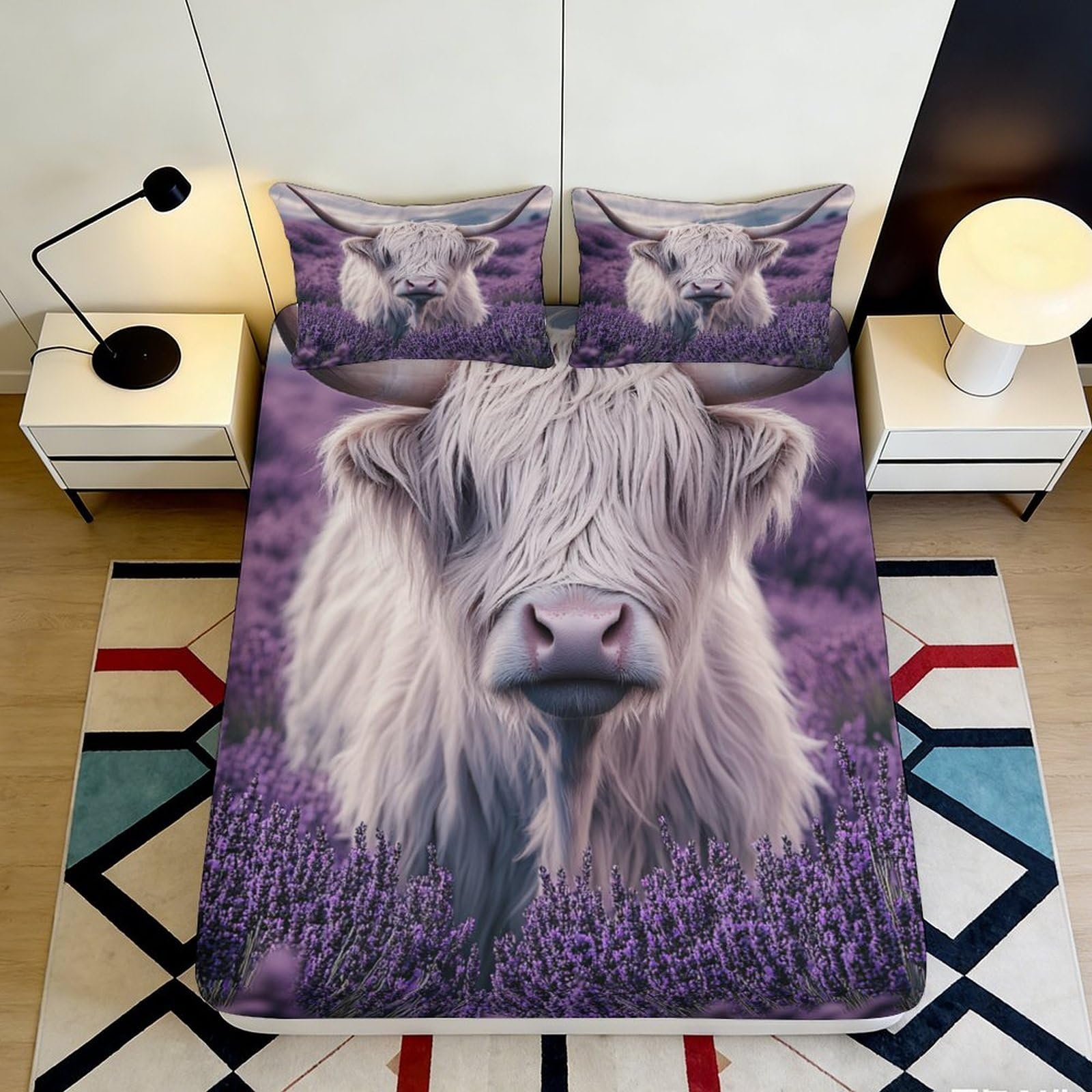 3D Printed Highland Cow Lavender Field Fitted Sheet Microfiber Soft Breathable Bed Cover for Bedroom Dorm Mattress Decor 90x200x25cm