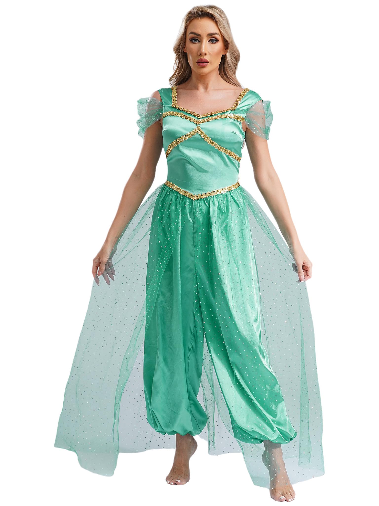 Runhomal Women's Arabian Princess Costume India Fancy Dress Performance Belly Dance Outfits XA Turquoise L