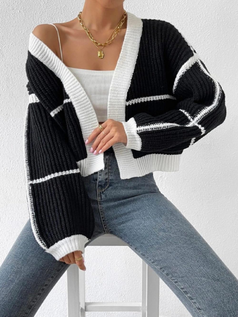 Cárdigan Corto para Mujer Cárdigan de Punto Grueso En Contraste Suéter Corto Abierto para Mujer Abrigo de Punto para Otoño e Invierno Chaqueta de Punto Jerséis Y Tops para Uso Diario.