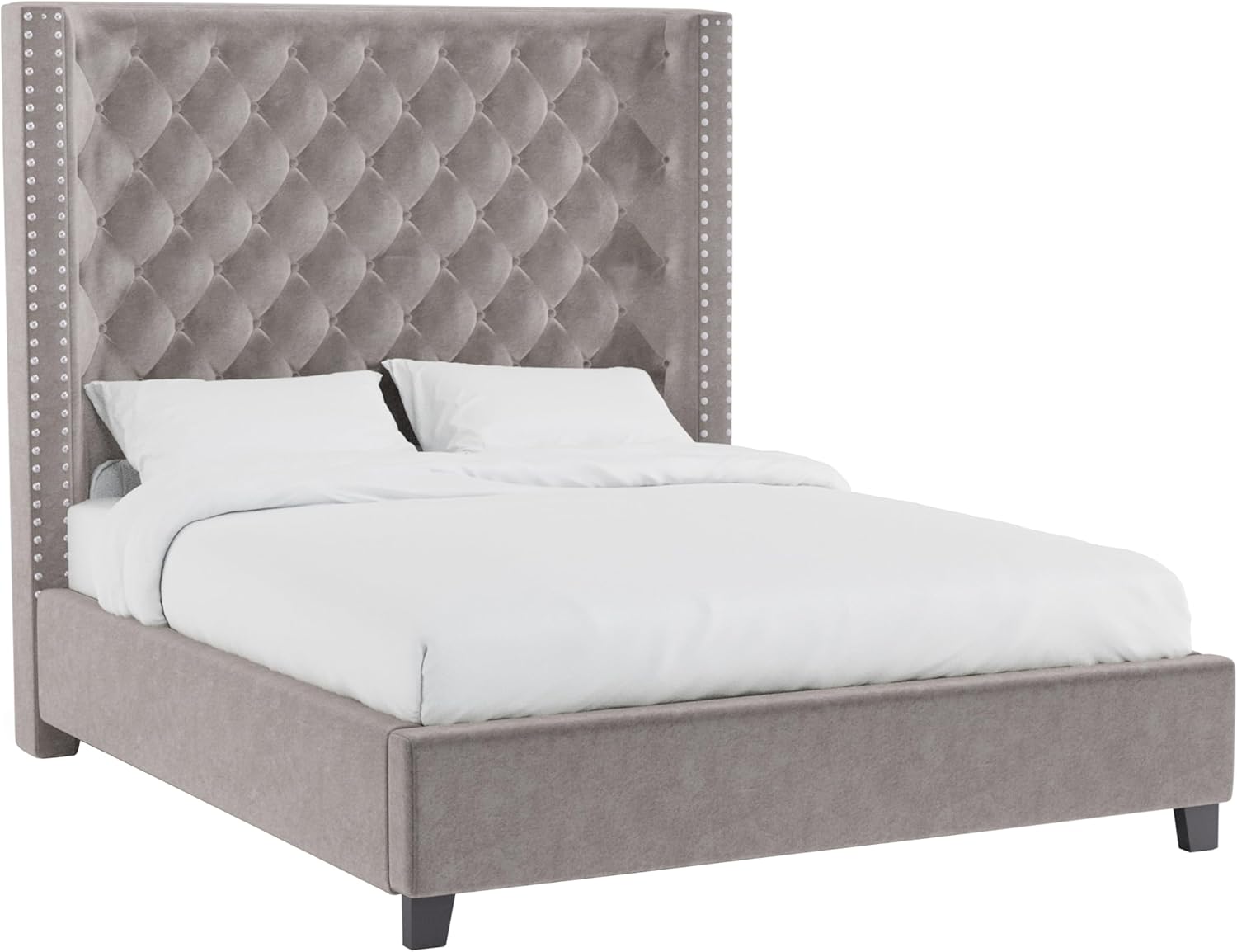 Furniture of America Garnet Fabric Upholstered King-Size Bed with Wingback, Button Tufted and Nailhead Trim Headboard, Box Spring Required for Bedroom, Guest Room, Black