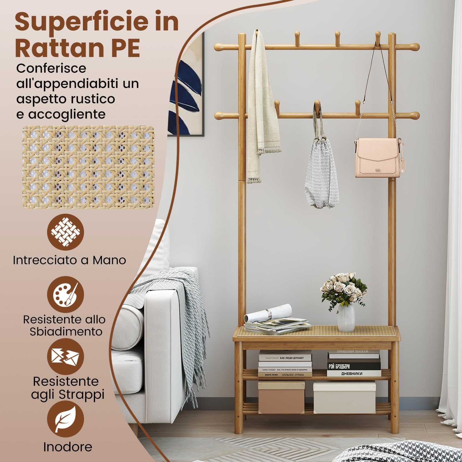 COSTWAY 3 in 1 Appendiabiti da Terra in Bambù, Appendiabiti Salvaspazio con Scarpiera a 2 Ripiani, Panca in Rattan PE e 11 Ganci Arrotondati, Mobile Ingresso, 71 x 30 x 169,5 cm (Naturale)