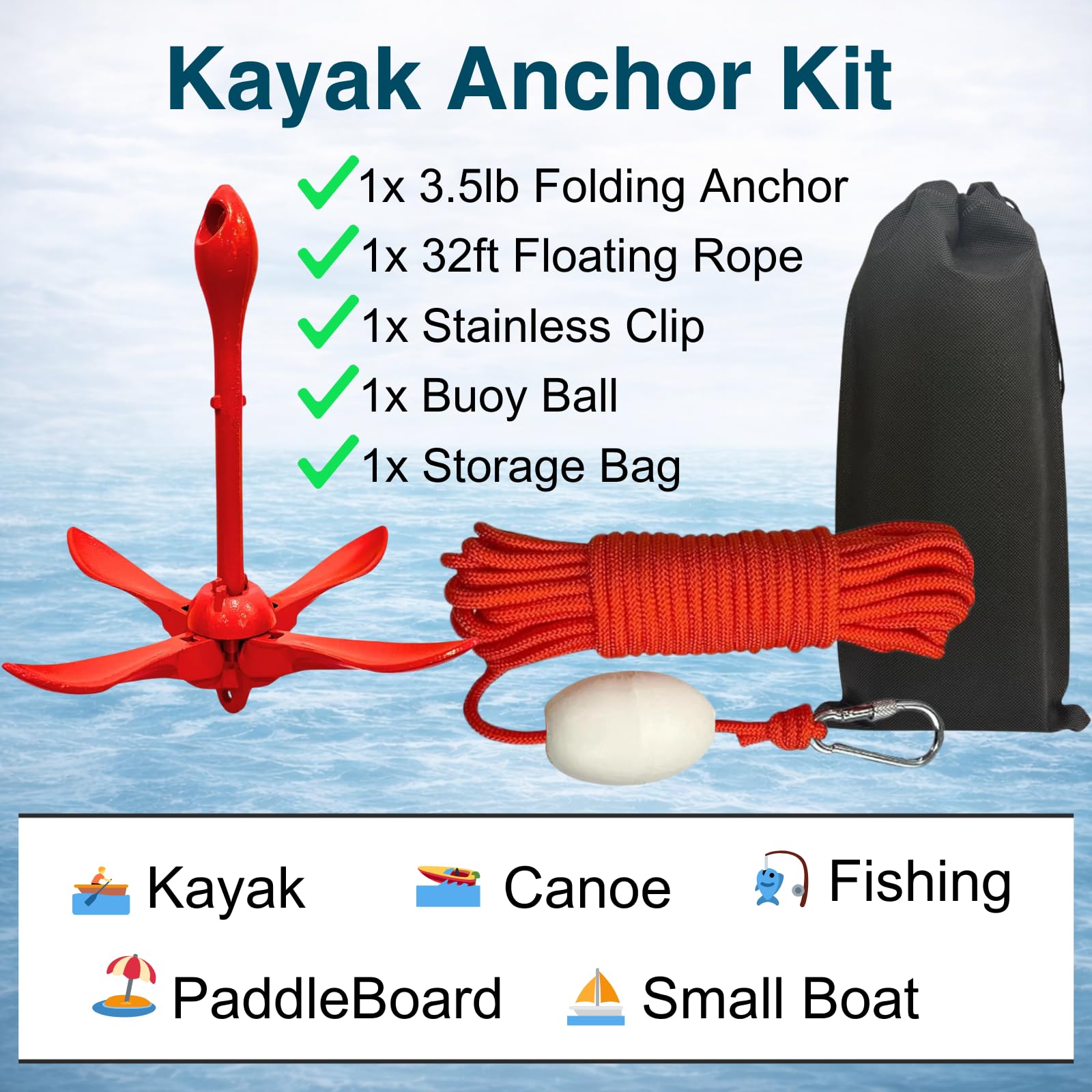 Kit de anclaje para kayak de 1.5/3.3 libras plegable para kayak, canoa de barco pequeño, tabla de remo, moto acuática con bolsa de transporte de cuerda de remolque de 32.8 pies