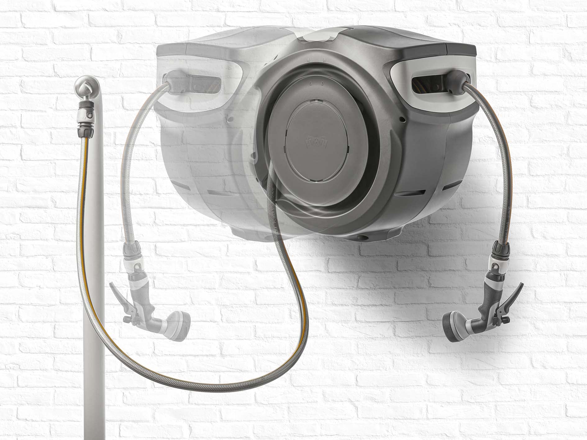 G.F. SRL, REWALL Globo Avvolgitubo Automatico a Parete per l'Irrigazione del Giardino, con 30 Metri di Tubo, Orientabile 180°, con Pistola Irrigazione 8 getti, Prodotto nel Regno Unito, Grigio Scuro