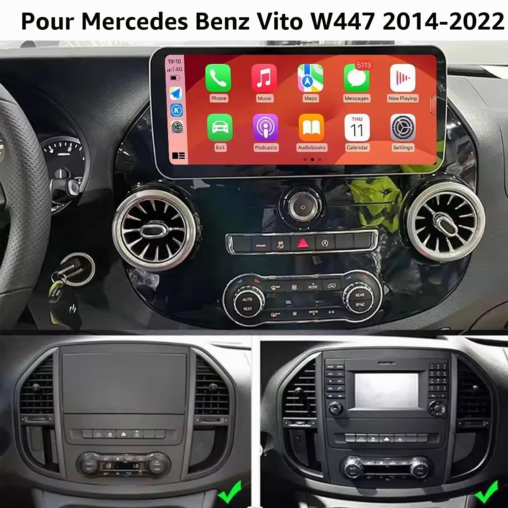Android 14 Autoradio Écran Tactile Autoradio 12.3 Pouces 2 Din pour Mercedes Benz Vito W447 116 2014-2022 avec CarPlay FM Bluetooth Appel Mains Libres Caméra de Recul Télécommande de Volant(S-6(8G+128
