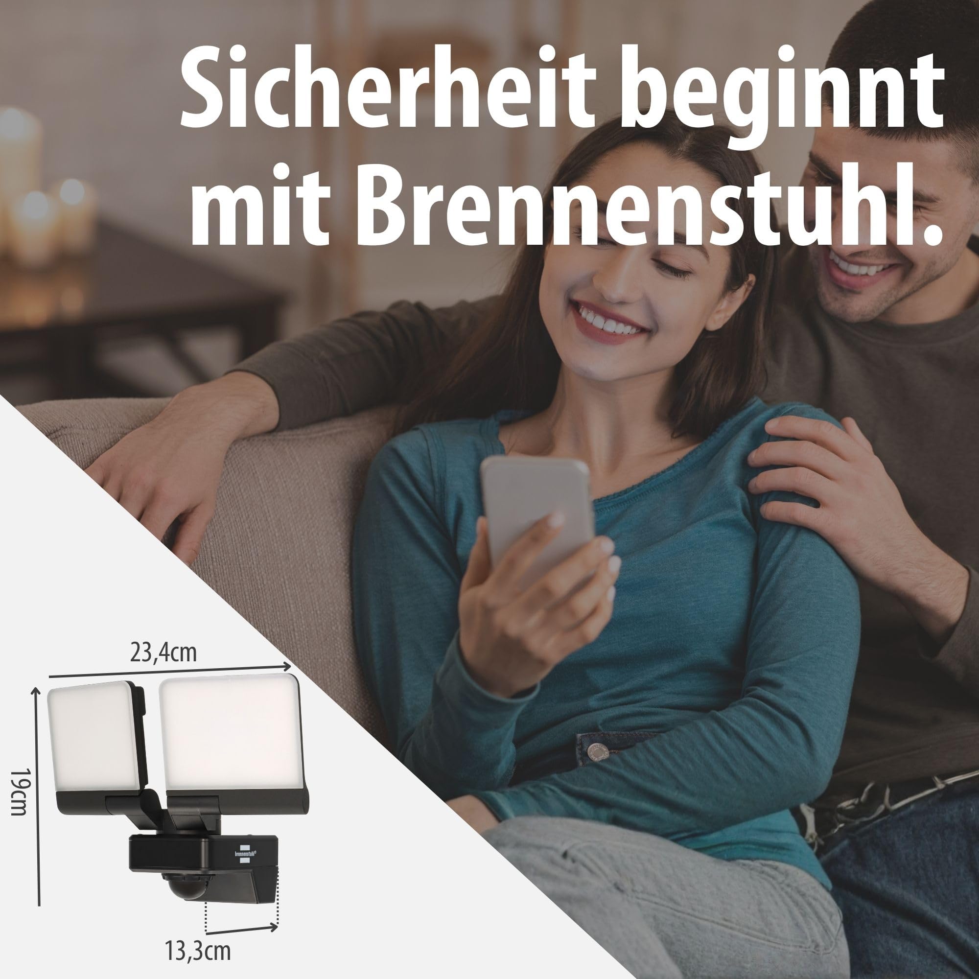 Brennenstuhl Connect WiFi LED Duo Strahler WFD 3051 P (36W, 4300lm, IP54, diverse Lichtfunktionen über App steuerbar, Außenstrahler zur Wandmontage mit Bewegungsmelder)