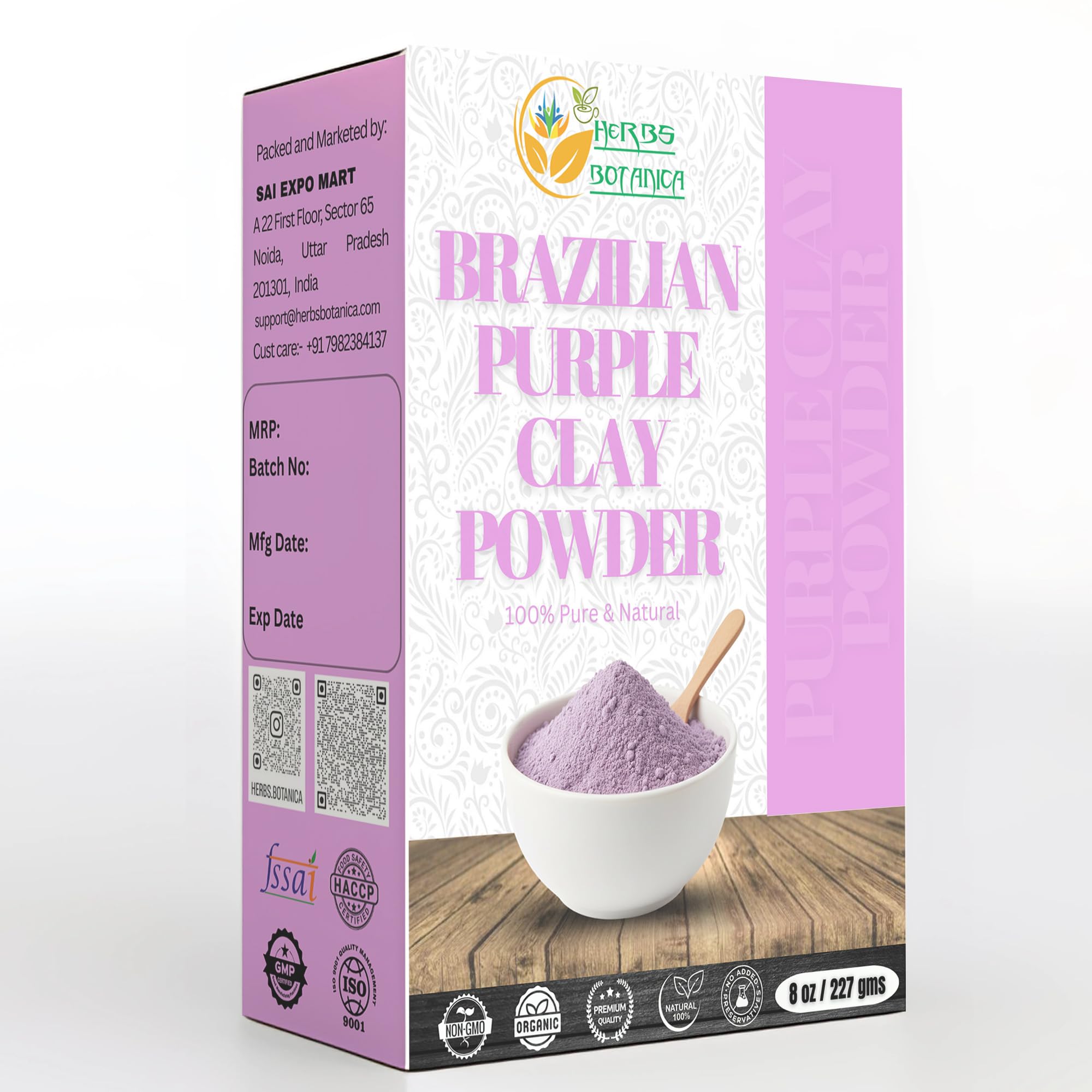 Herbs Botanica Brazilian Purple Clay Powder Detoxify Skin & Hair Natural Beauty & Skincare DIY Clay for Soap, Facial Cleansing Mask, Bath Bombs, Body Wash Making 227g