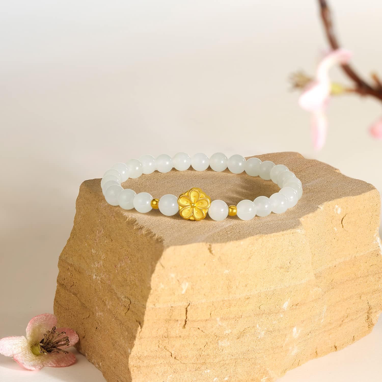 24K Solid Gold Bracelets Real Pure Gold Flower Stretch Bracelet White Jade Ross Quartz Prehnite Bead Bracelet Floral Dainty Jewelry for Women Her Anniversary Birthday