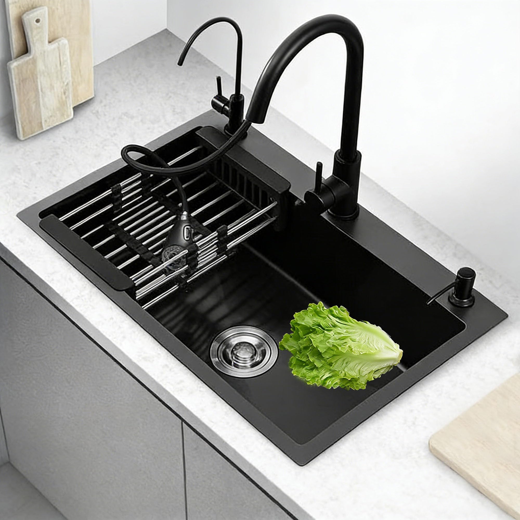 Fregadero de Cocina 1 Seno con Escurridor, Acero Inoxidable Negro, con Dispensador de Jabón para Baño, Viajes en Caravana, 68 * 45 * 20cm