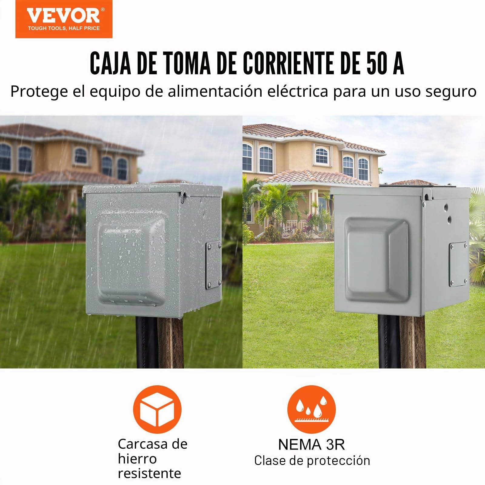 VEVOR Caja de toma de corriente para RV de 50 A, 125/250V, caja de receptáculo para RV cerrada con cerradura para exteriores, panel eléctrico resistente a la intemperie NEMA 14-50R, para autocaravana