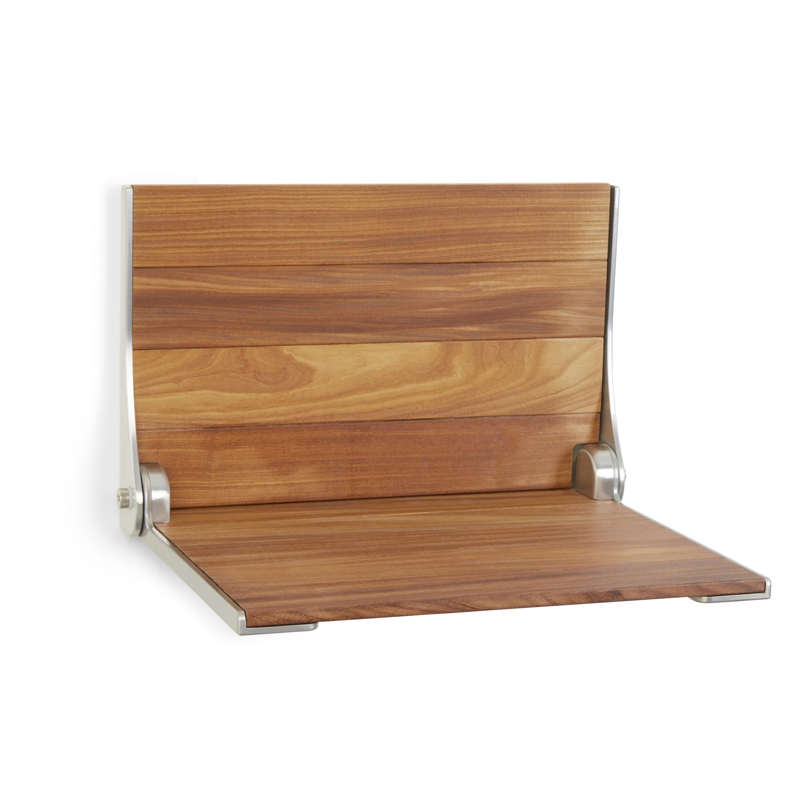 Seachrome Silhouette Natural Teak Wood Wall Mount Folding Shower Seat Bench with Silver Frame