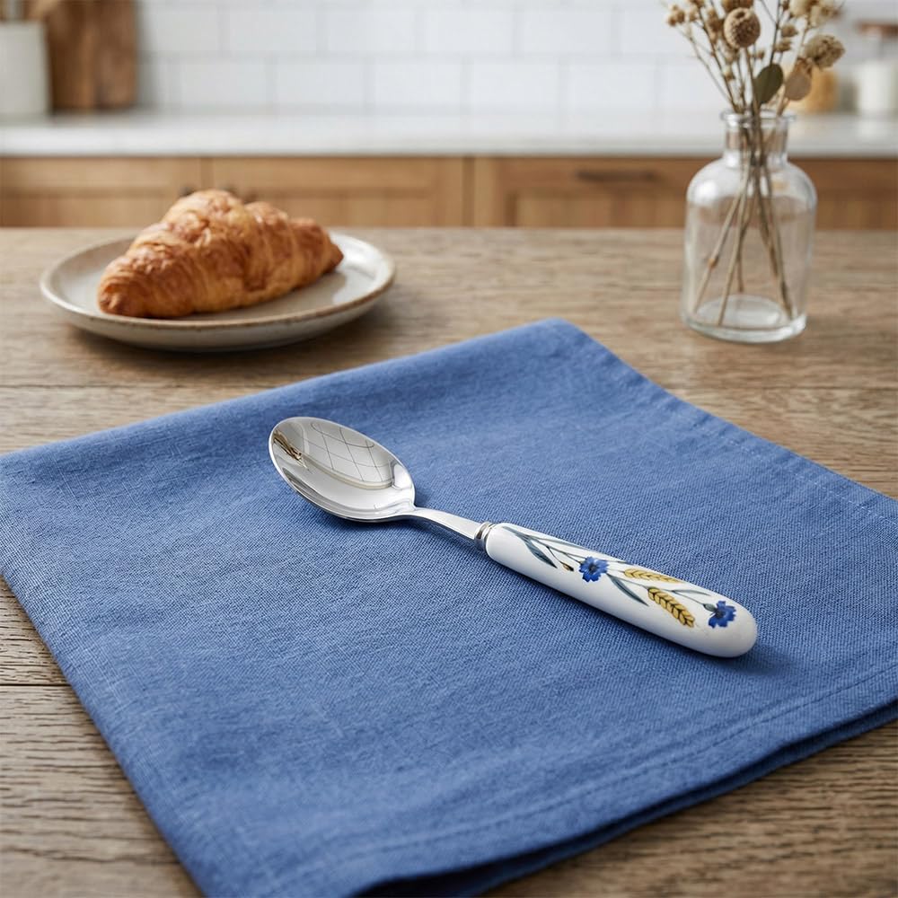 Cuchara de postre de acero inoxidable 18-10 de alta calidad, SUS304, 6.5 pulgadas, 16.5 cm, con mango de cerámica de flor azul de trigo pintado a mano, para el hogar, cocina, restaurante, fiesta (8