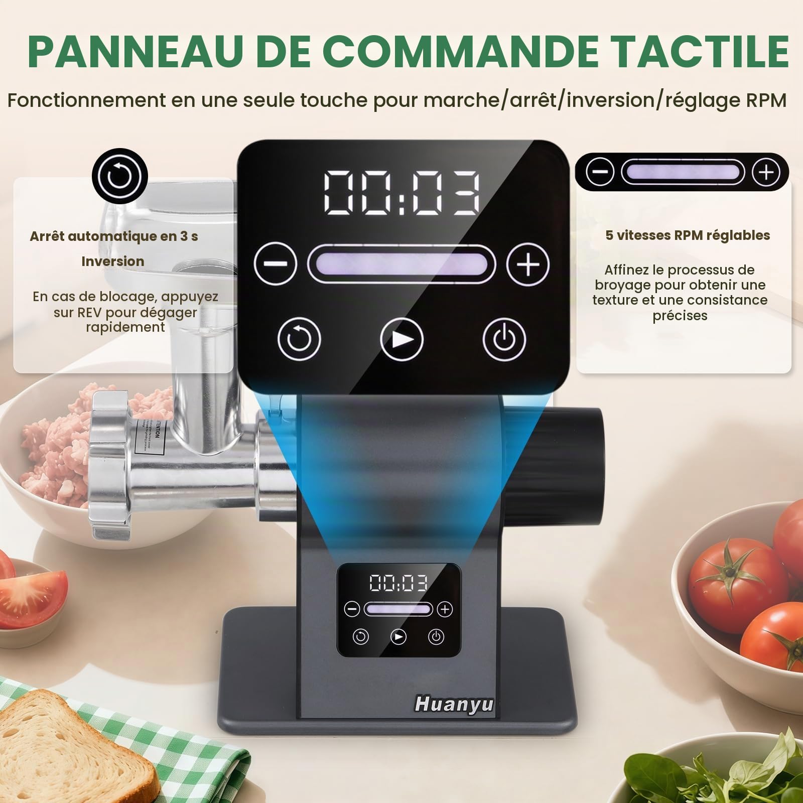 Huanyu Hachoir à viande électrique 2000 watts Hachoir à viande avec commande tactile Machine électrique multifonctionnelle pour hacher la viande avec 2 lames de coupe et 3 plaques de coupe