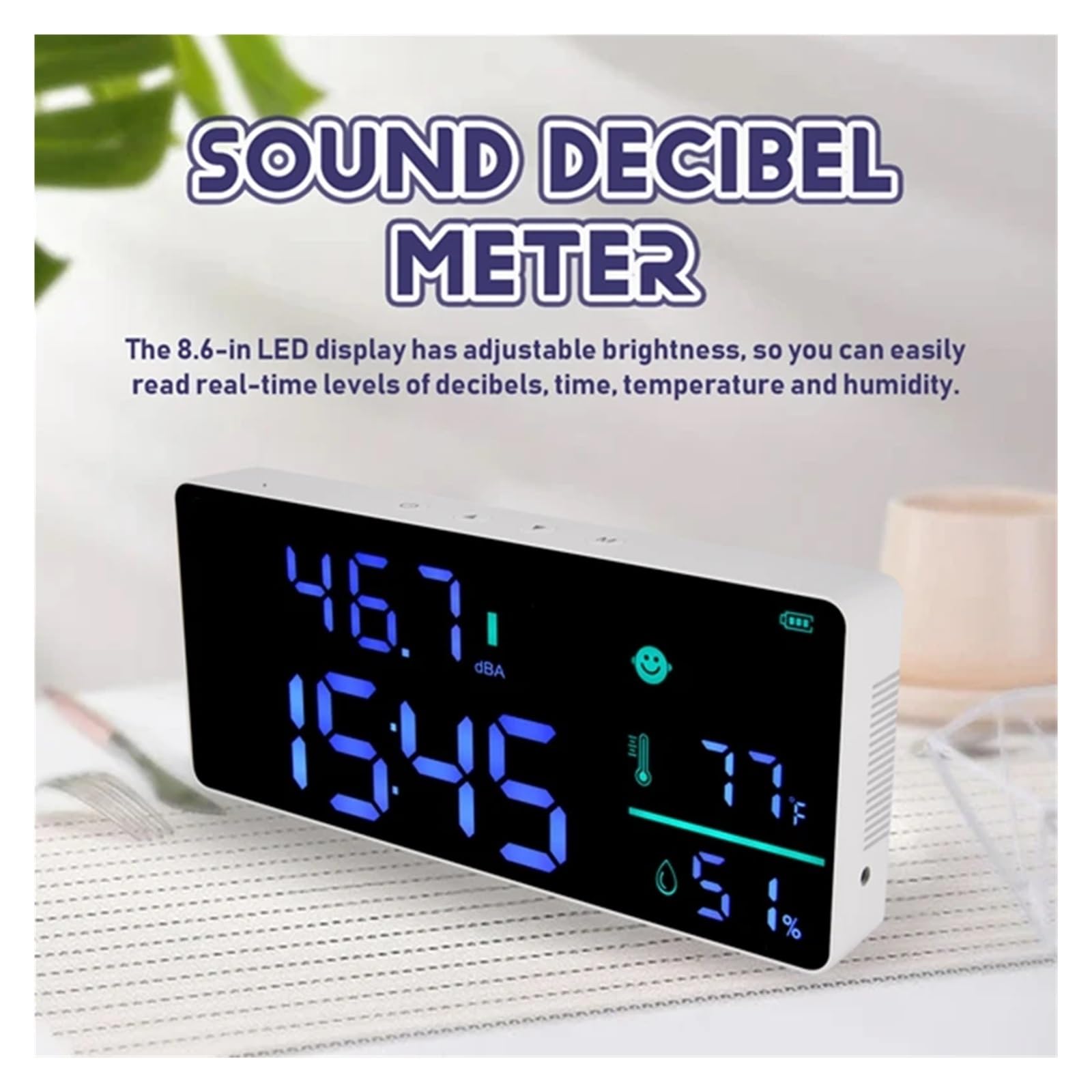 Medidor De Nivel Sonido For Colgar En La Pared, Rango 30 A 130 DB, Pantalla LED Grande 8,6 Pulgadas, Ruido, Tiempo Y Temperatura PrecisióN Extremadamente Alta