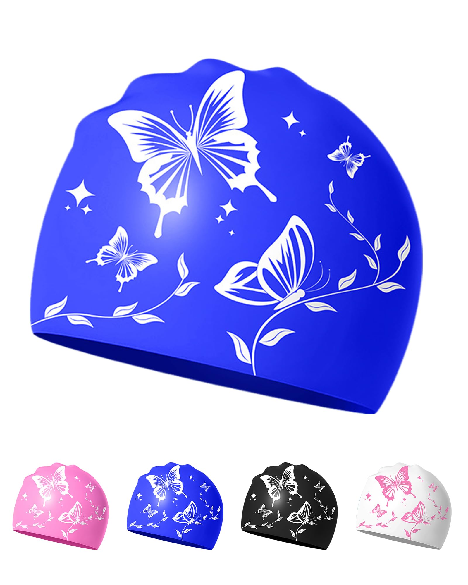 Swimming Cap for Women – Soft, Elastic, Anti-Slip, Stylish, Comfortable (Blue Butterfly)