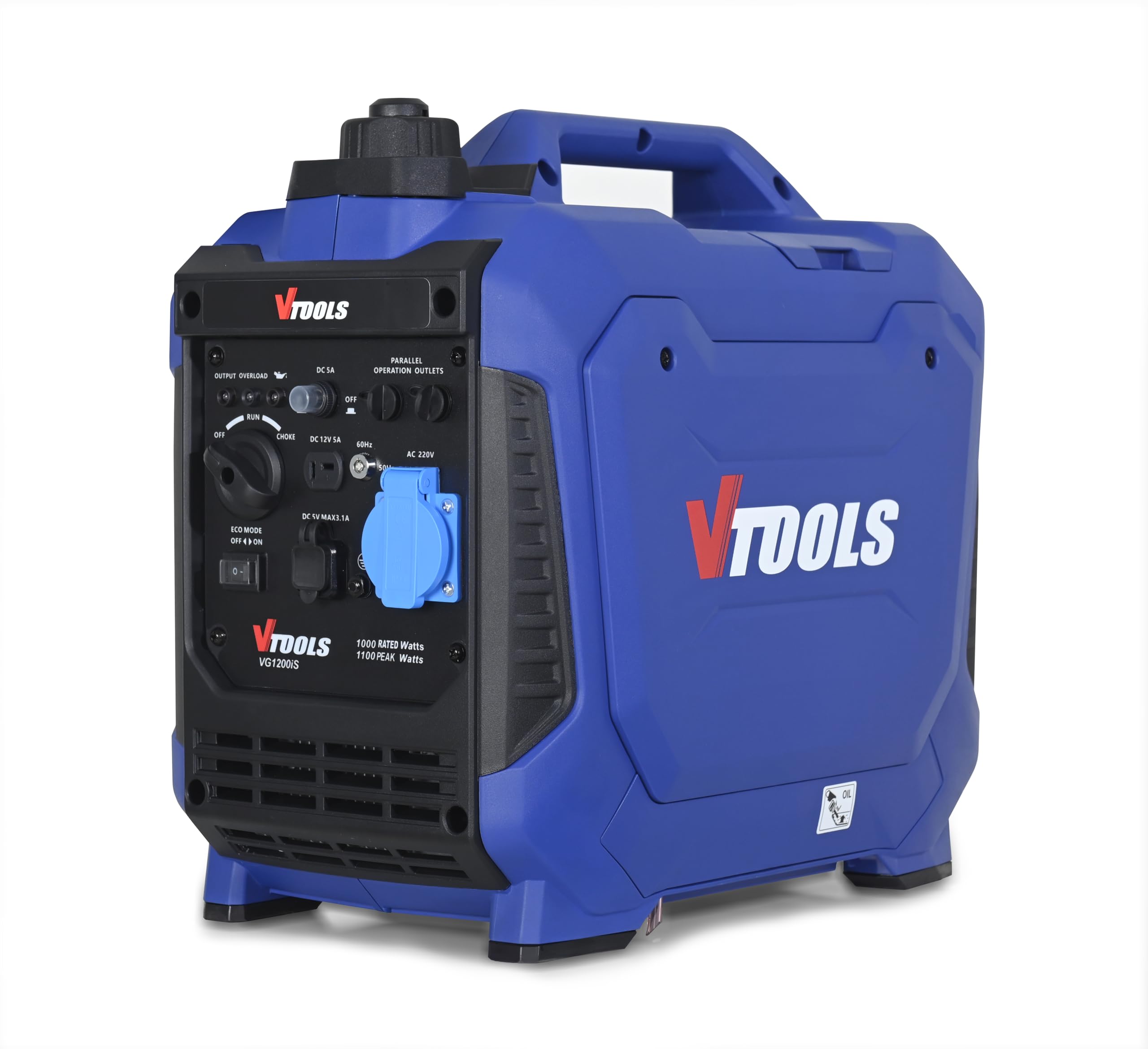 VTOOLS 1100W Recoil High-Performance Portable Silent Gasoline Generator,50/60Hz, 56cc 4-Stroke Engine,USB, DC Output, Compact Carrying Case, Parallel Outlet, Fuel-Efficient, blue, VG1200iS