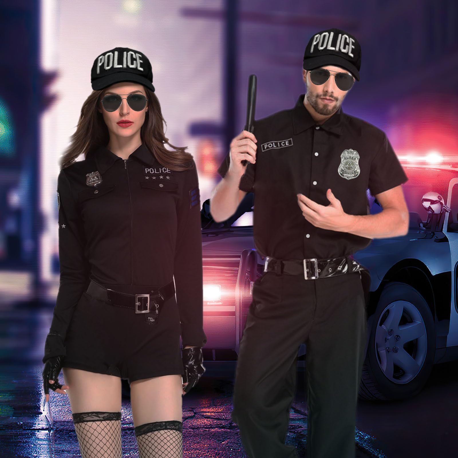 EUPSIIU 3 Pieces Police Costume Adult Kids Police Baseball Hat Sunglasses Cuffs Badge Halloween Cop Fancy Dress Hat Role Play Cosplay Party Embroidery Hats Unisex Police Cap Festival Costumes (Black) - Image 3