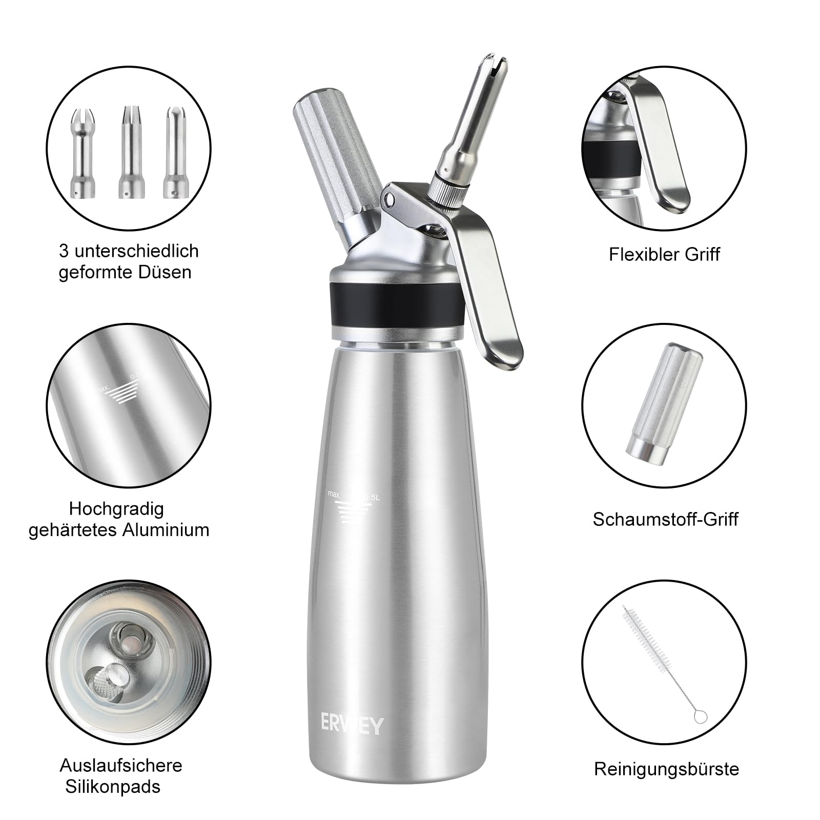 ERWEY Sifone Panna Montata 500ml, Sifone da Cucina Alluminio, Sifone Panna con 3 Ugelli e 1 Spazzola da Pulizza, Sifone per Panna Montata per Decorazione Torte e Dessert (Argento)
