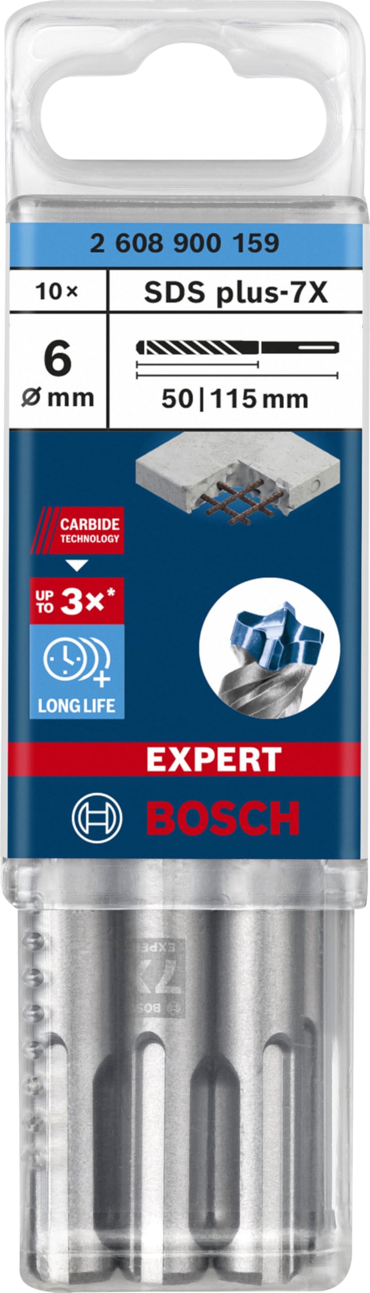 Bosch Professional 10x Brocas para martillo Expert SDS plus-7X (para Hormigón armado, Ø 6.00 x 115 mm, accesorios Martillo perforador rotativo)