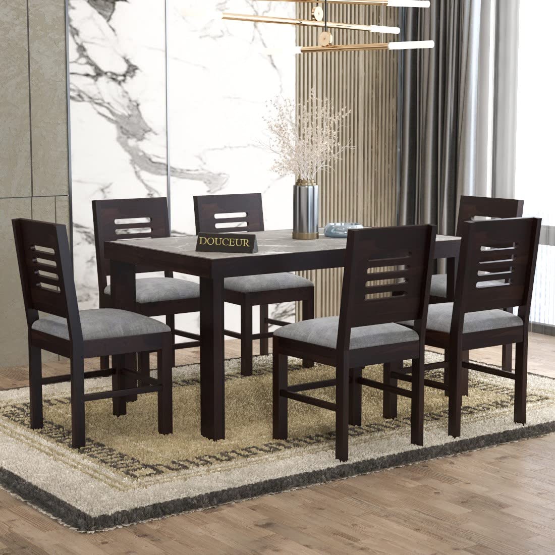 Douceur Furnitures Solid Wood Grey Marble Top Finish 6 Seater Dining Set | Wooden One Dining Table with Six Chairs| Colour - Walnut Finish |-image-5