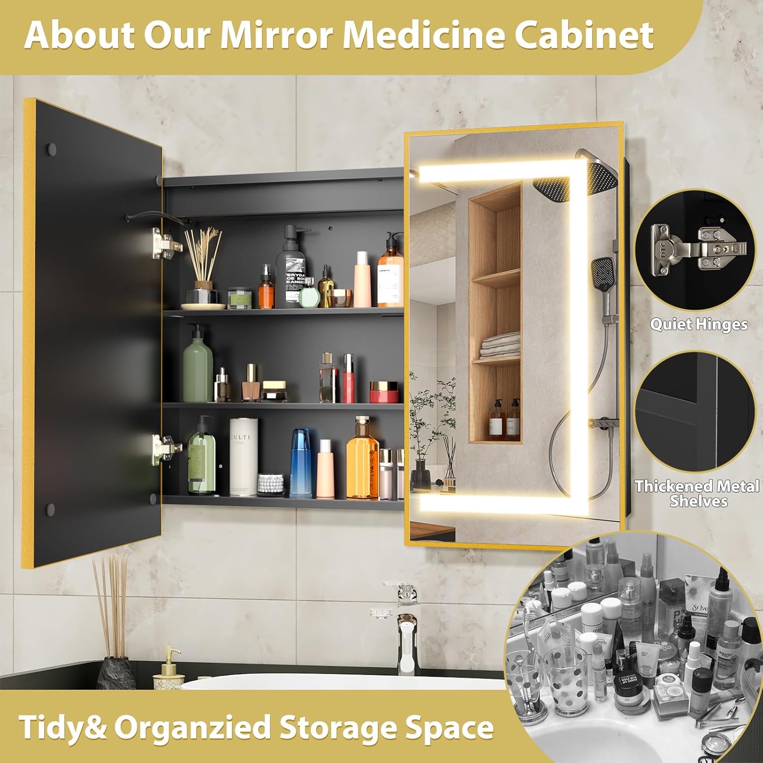 ROOMTEC Lighted Medicine Cabinet with Mirror 40"x32", Wall Mounted Bathroom Mirror with Storage, 2 Doors Bathroom Wall Cabinet with LED Lights,Gold