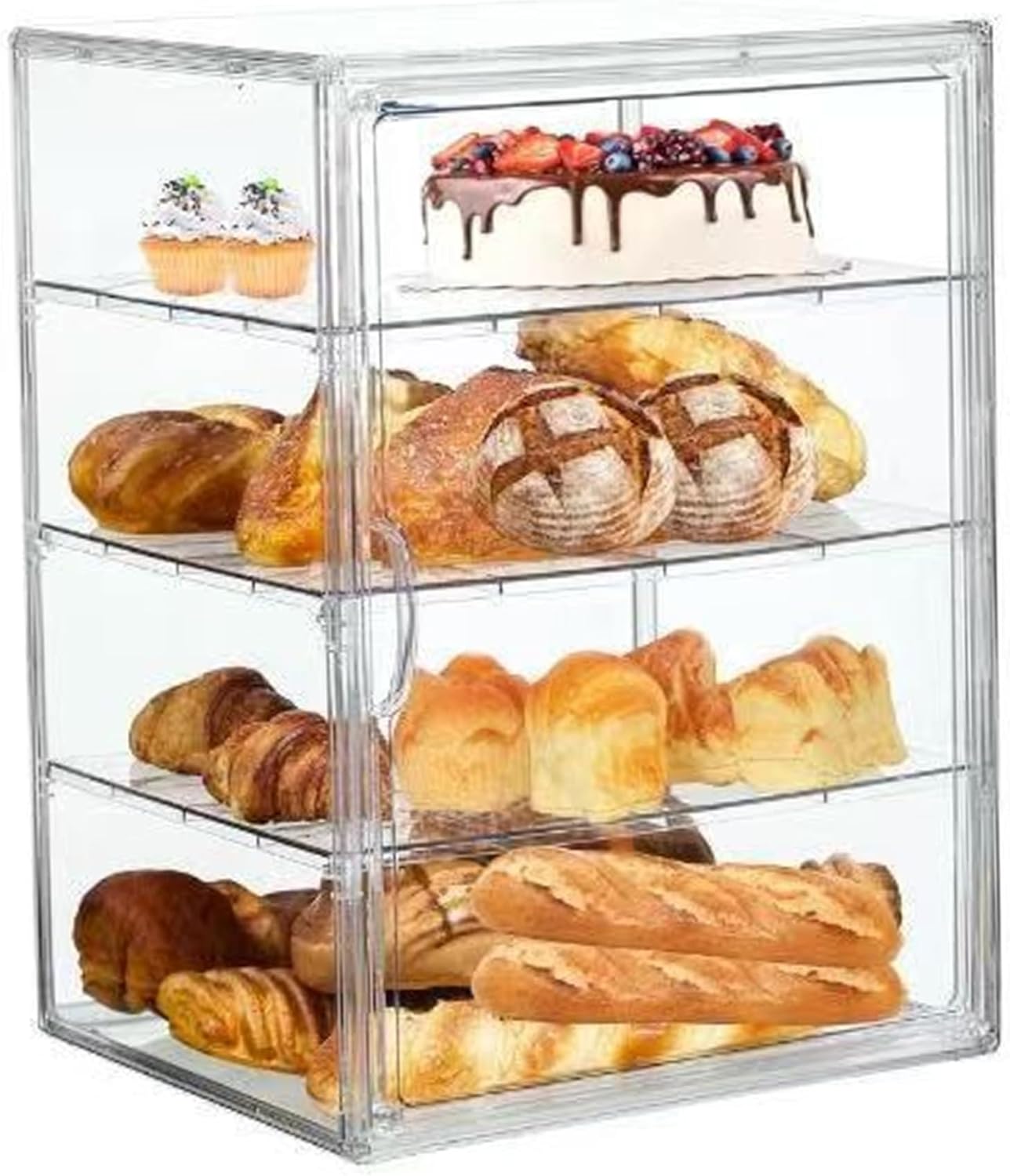 Pastry Display Case 4 Layer Clear Acrylic Bread Box with Magnetic Door Dustproof Countertop Bakery Display Stand Cookie Holder with Removable Dividers 16x12x10in