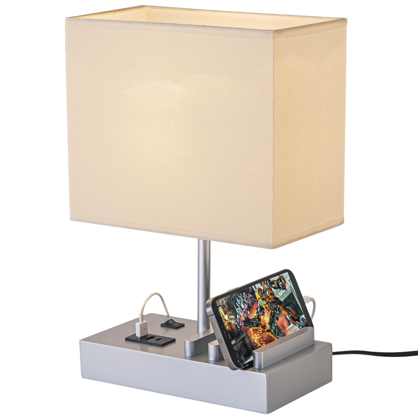 Briever Lampada da comodino USB, lampada da scrivania con 3 porte di ricarica USB e dock di ricarica per telefono, stazione di ricarica e organizer in legno, luce perfetta per camera da letto