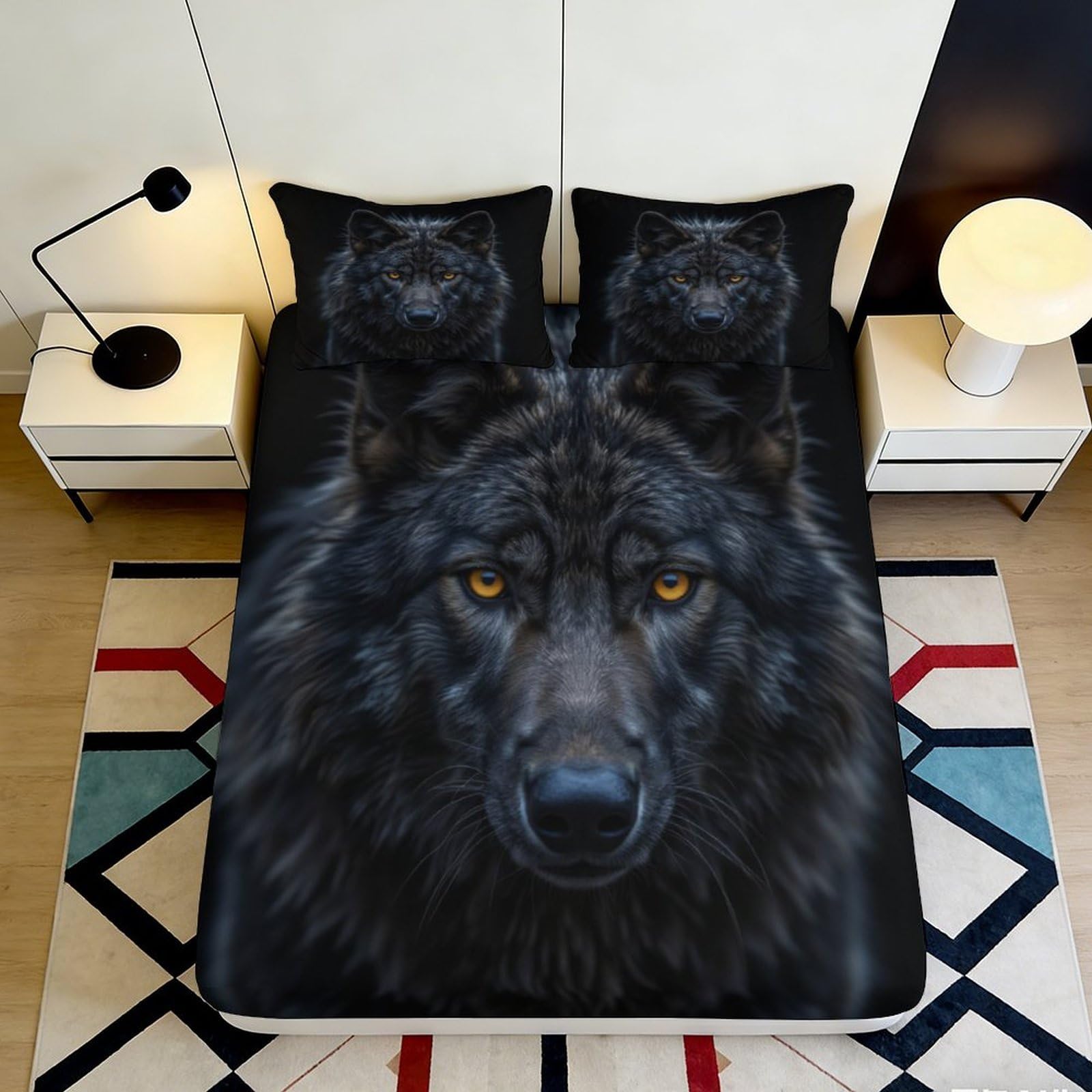3D Printed Black Wolf Fitted Sheet Microfiber Soft Breathable 3D Wolf Face Mattress Cover for Bedroom Dormitory Guest Room Mattress Protection Decor 160x200x25cm