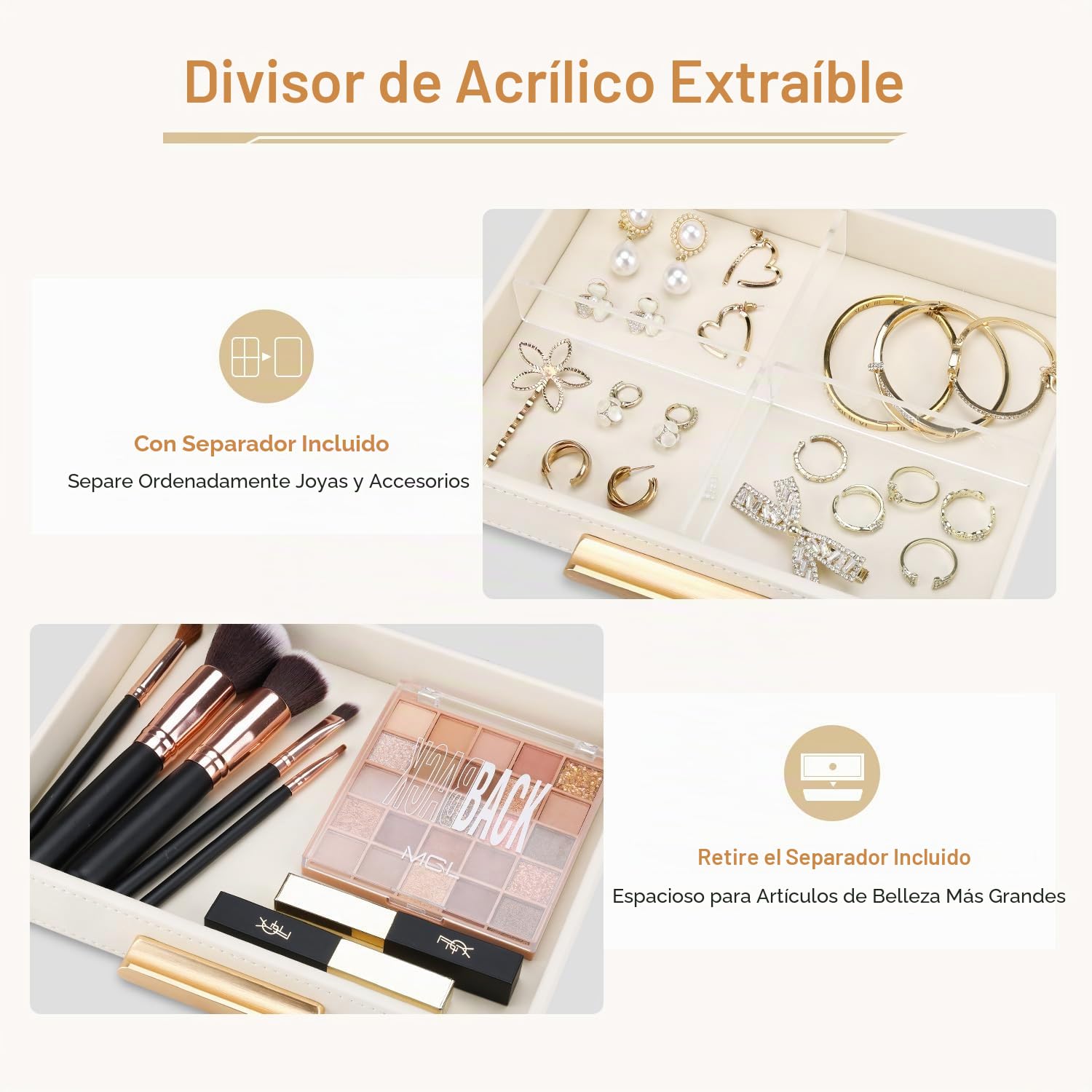 GORESE Bandeja para Joyas, Bandeja de Valet con Cajón Cuero Bandeja de Mesa de Noche Organizador Vaciabolsillos Escritorio Bandejas Decorativas para Llaves,Maquillaje,Joyería,Moneda(Blanco Marfil)