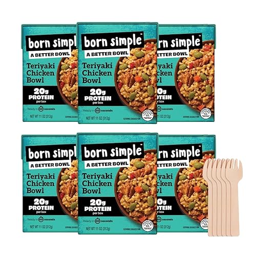 Born Simple Comidas listas para comer con tenedores, tazón de pollo Teriyaki, receta mejorada, 0.71 onzas de proteína, comida preparada, plato