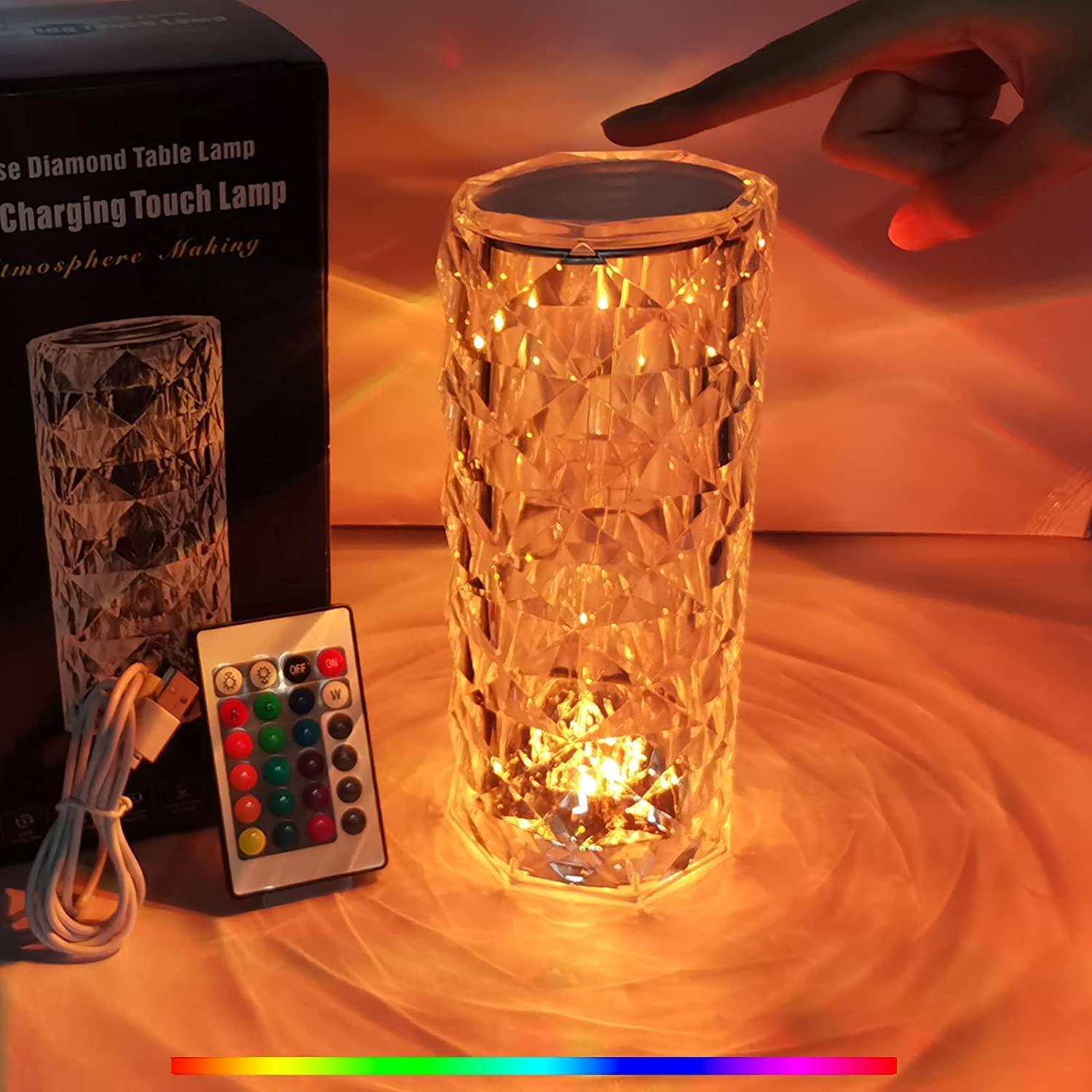 KRT tour Crystal Lamp 16 Color Changing RGB Night Light Touch Lamp USB Romantic LED Rose Diamond Table Lamps for Living Room Party Dinner Decor Creative Lights