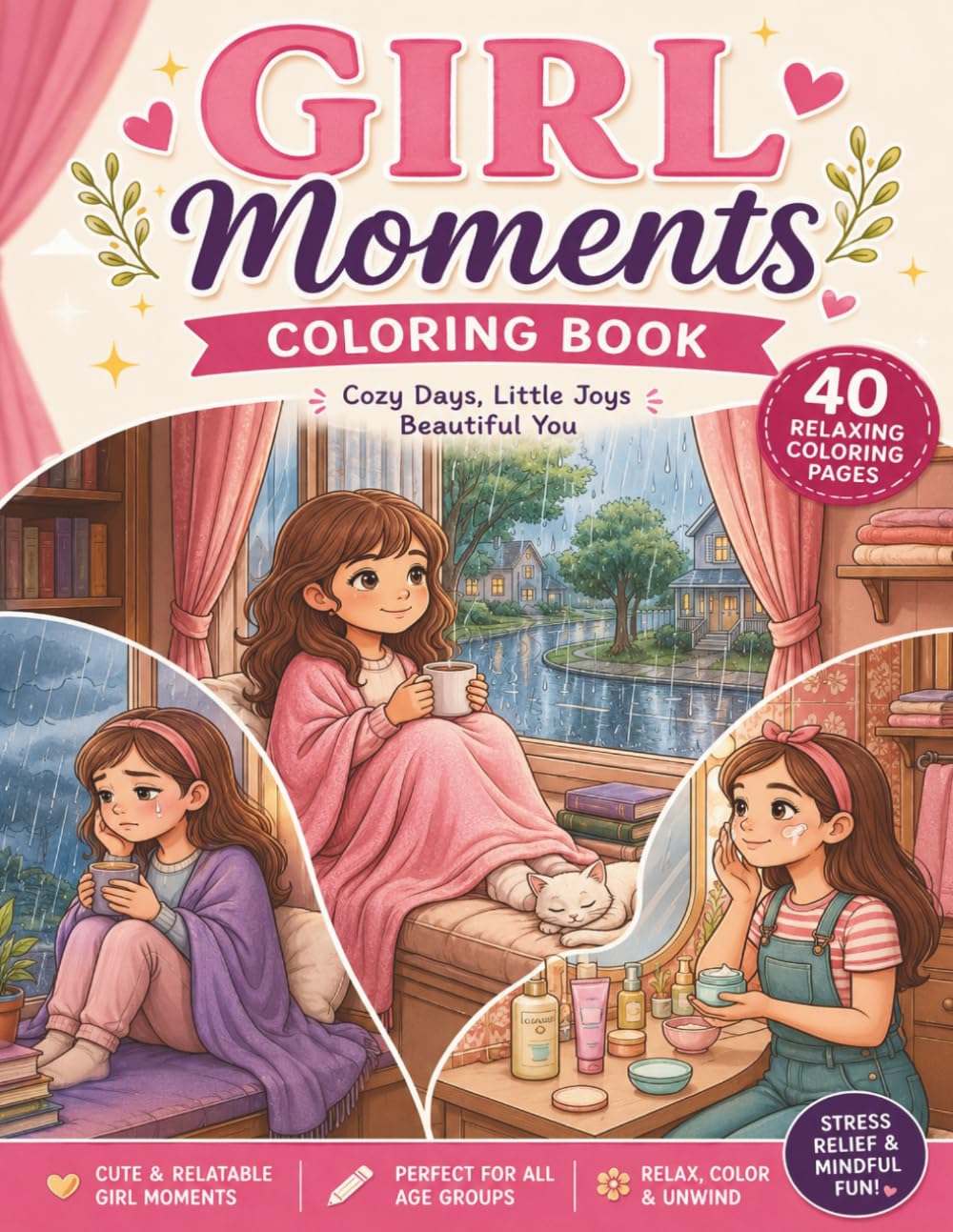 Girl Moments: A Cozy Coloring Book for Adults and Teens Featuring Cute Everyday Activities, Self-Care Scenes and Relaxing Moments