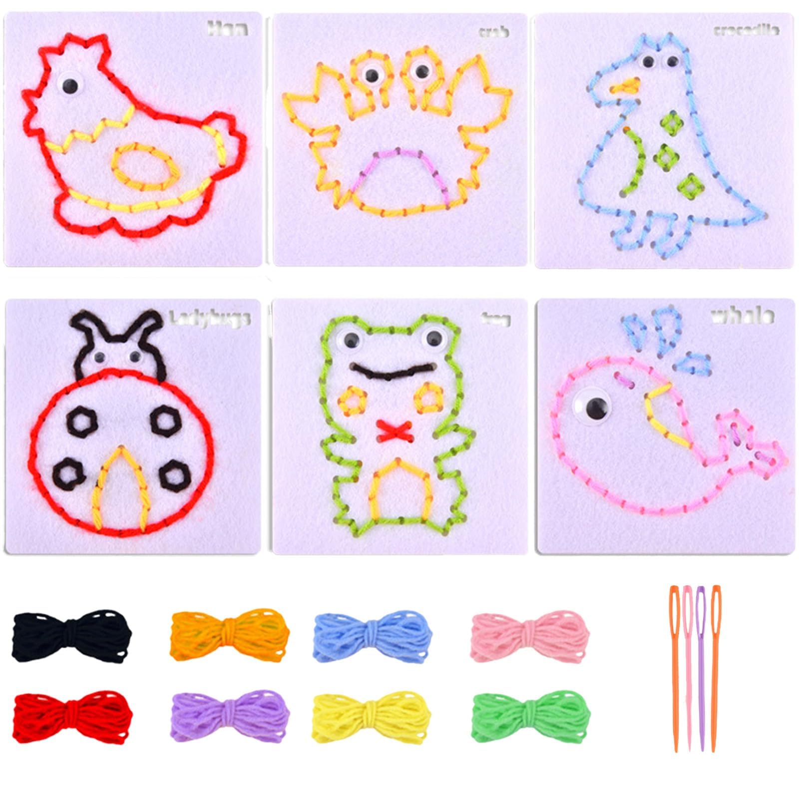 ARROMI 6 PCS First Sewing Kit for Girls, Sewing Kit for Kids with Shape Card Colored Threads, Fine Motor Skills Toys, Toddler Arts and Crafts Age 3, Threading Toys, Montessori Toys for 3+ Year Olds