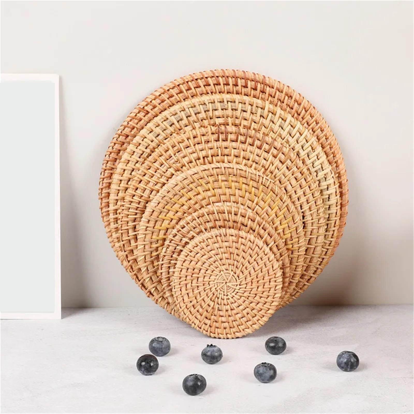 1 Set (6 Stück) handgewebter Rattan-Untersetzer Für Tisch | Runde Hot Pads aus Korbgeflecht, hitzebeständige Topflappen for Teekannen, Pfannen und Tischschutz