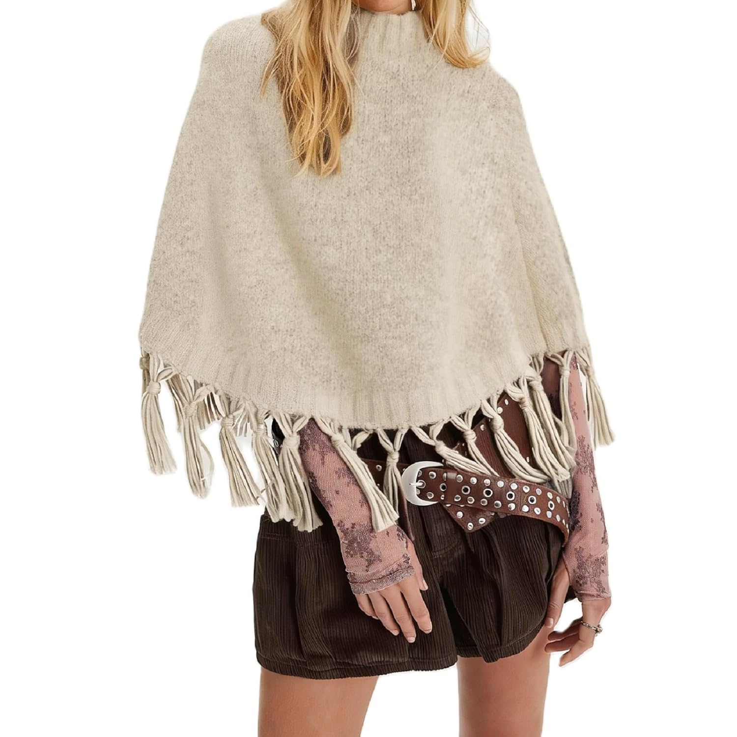 Muineobuka Women Turtleneck Poncho Sweater Fringed Hem Tassels Knitted Cropped Pullover Cape Shawl