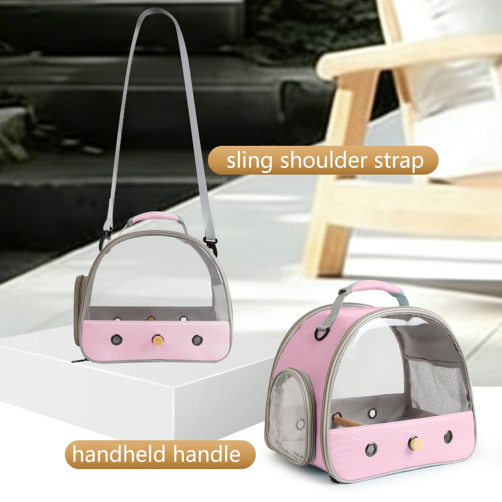 Vogelträger, tragbare Vogeltrage für Papageien, Sittiche, Wellensittiche, kleine Vögel mit weicher Matte und Holzstange (Rosa)