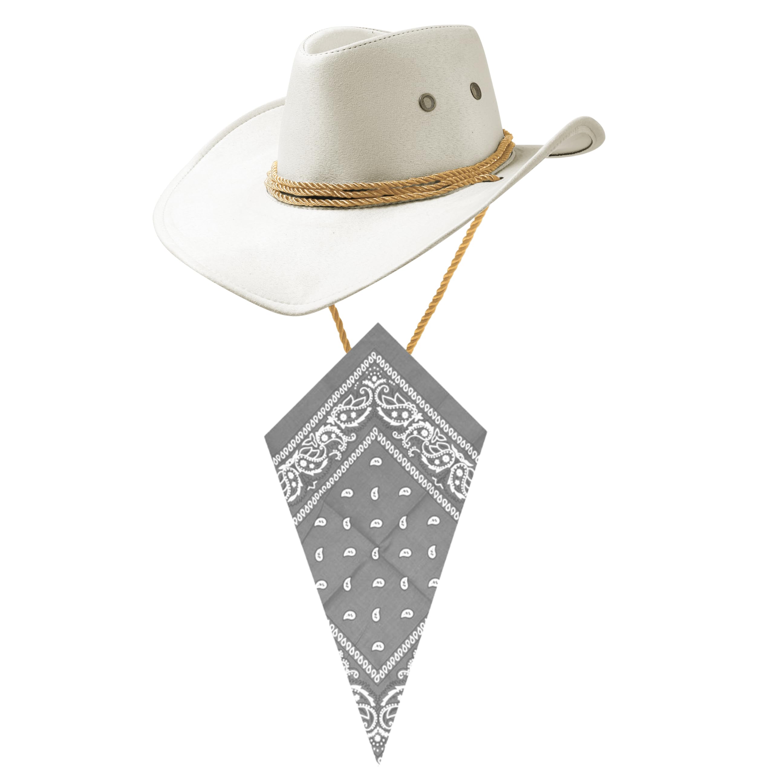 Komonee White Cowboy Hat and Grey Bandana Western Sun Cap Faux Felt Leather Suede Fancy Dress Party Costume Outfit Neckscarf Protection Mens Womens โ image 1