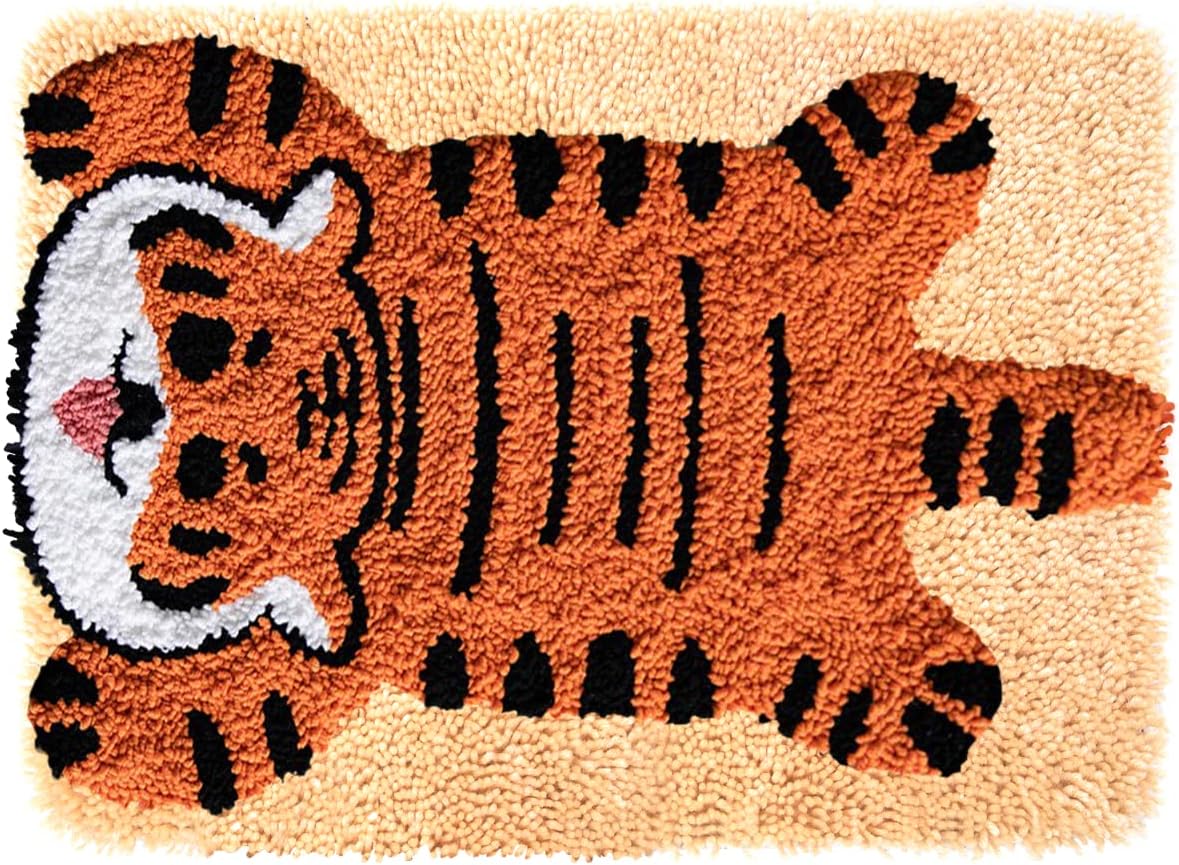 clubevy Latch Hook Rug Kit, Tiger Animals DIY Latch Hook Rug Making Kit for Adults Kids, Cross Stitch Kit Carpet Making Cushion Needlework for Beginners, Home Decor,