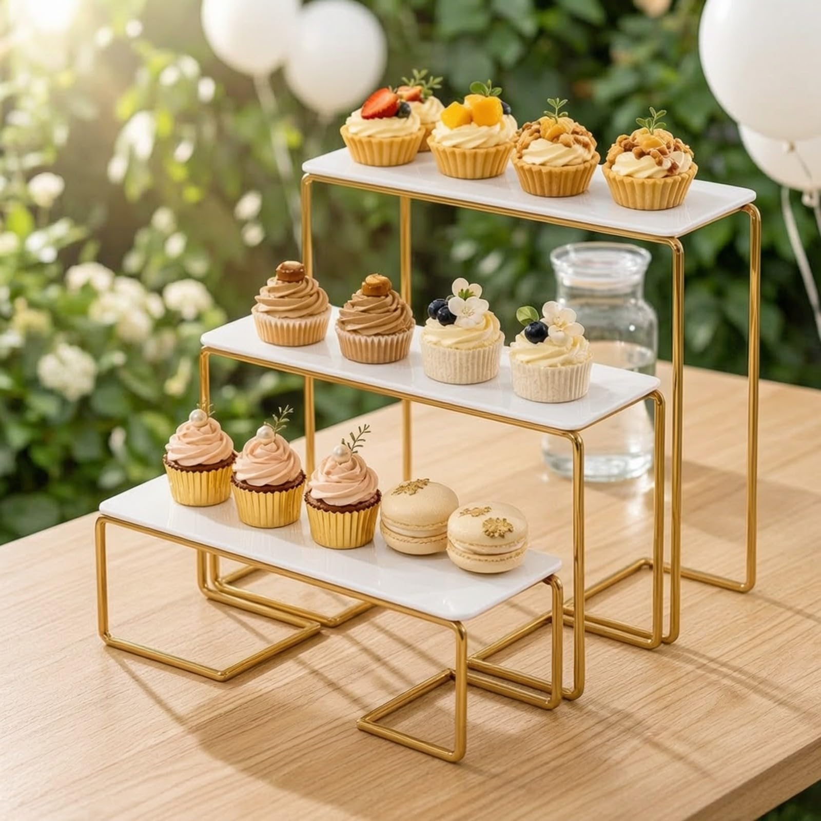 3 Piezas Soporte Postres Escalonado Rectangular Reutilizable Bandeja Servir Rectangular Multifunción para Cumpleaños, Dorado, Rectangular 3-Piezas